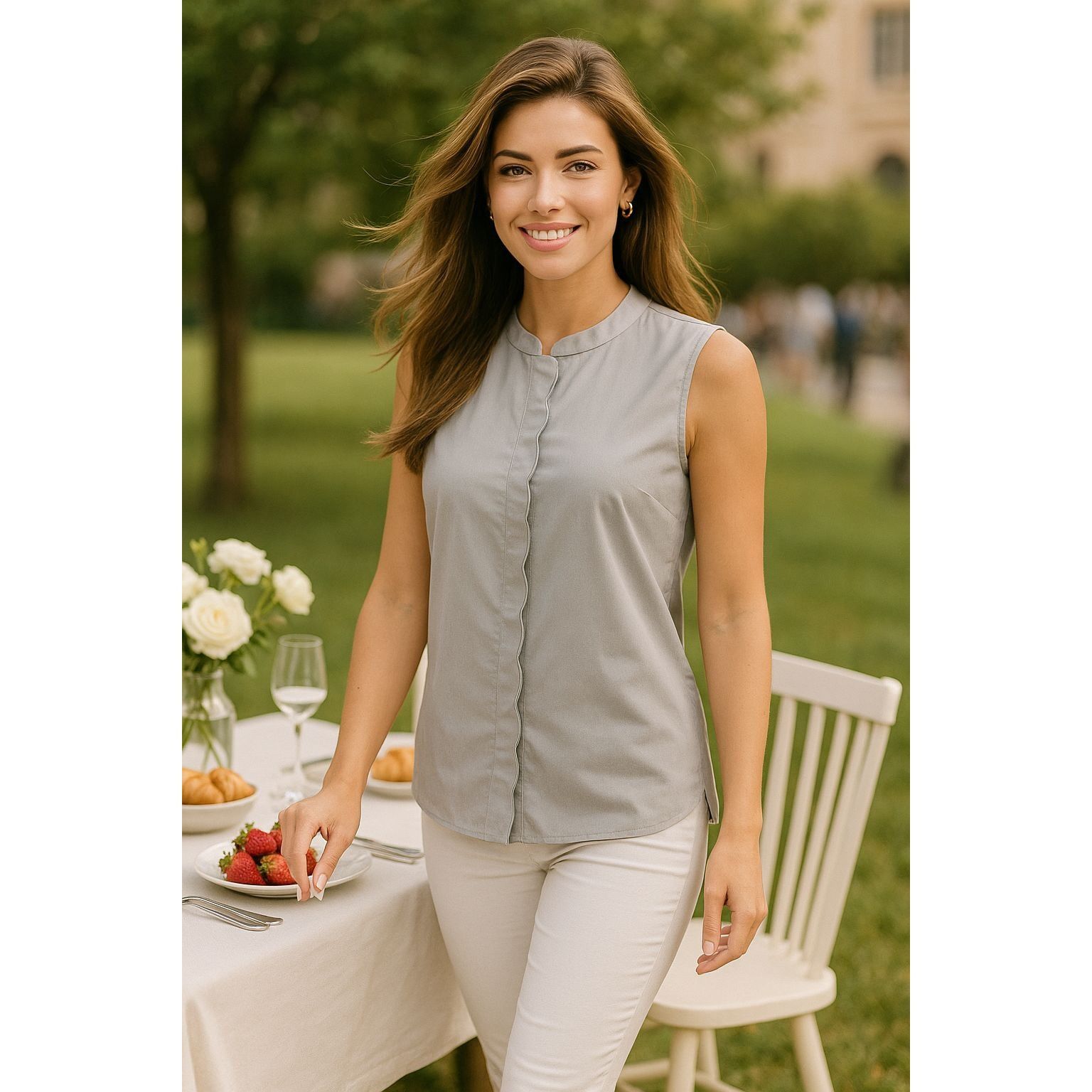 Ann Taylor Ann Taylor Medium Scallop Trim Sleeveless Blouse Gray Minima Size M / US 6-8 / IT 42-44 - 1 Thumbnail