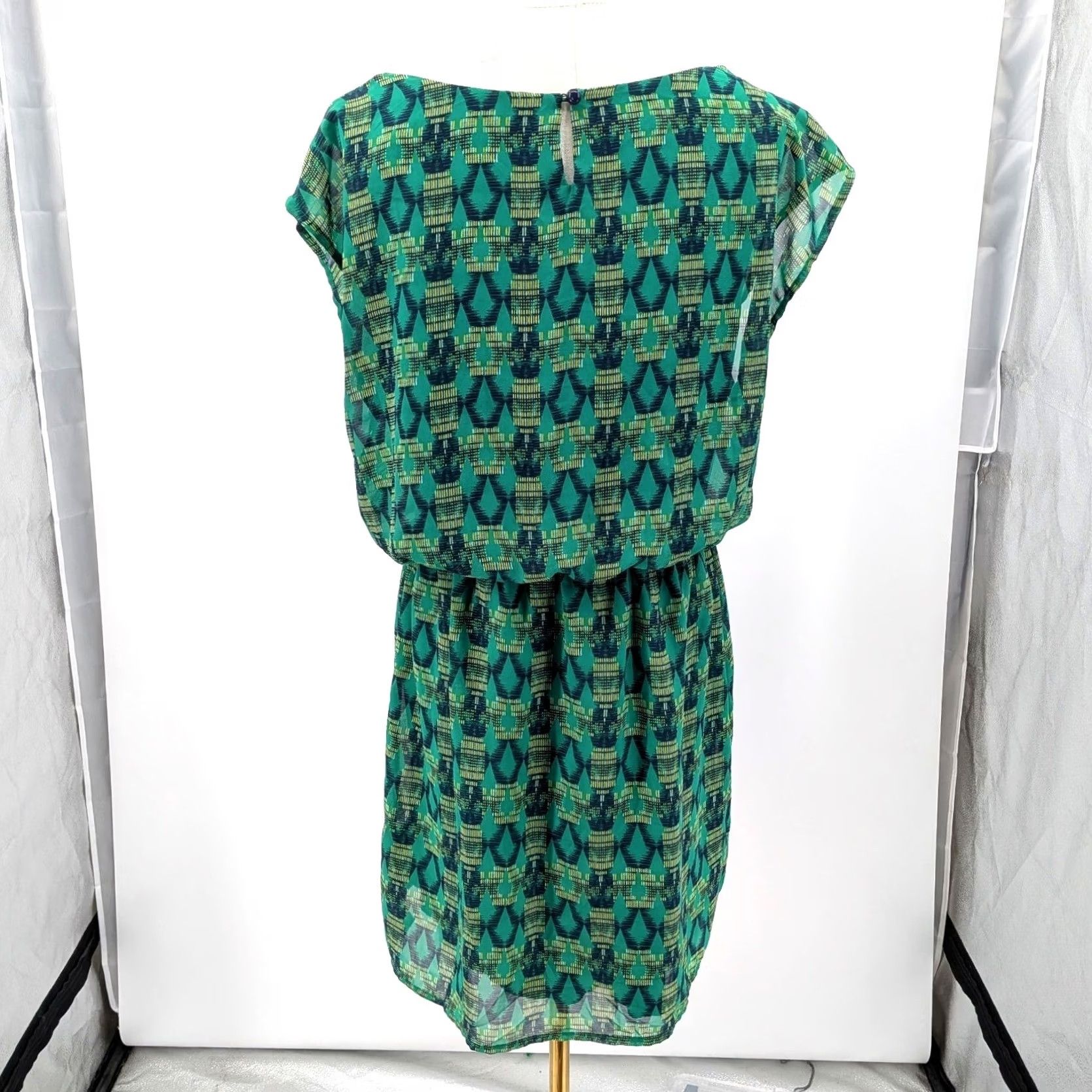 Vintage Bongo Dress Geometric Print Chiffon Boho Cutout Neck XL Women Green Size XL / US 12-14 / IT 48-50 - 2 Thumbnail