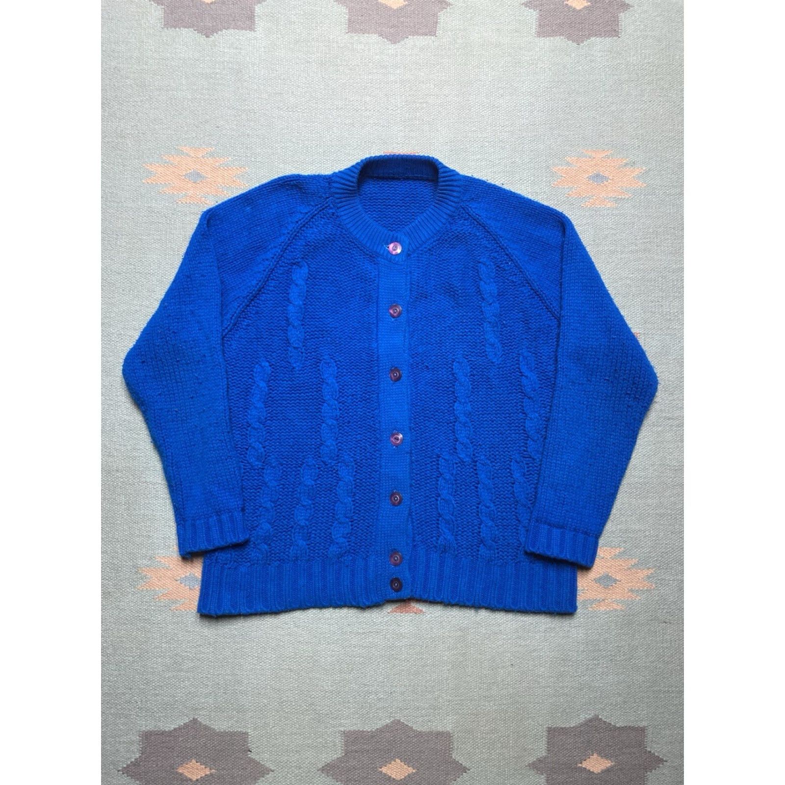 Vintage VINTAGE 60s Button Front Cardigan Sweater Cable-Knit Blue Acrylic Women’s XL Size XL / US 12-14 / IT 48-50 - 2 Thumbnail