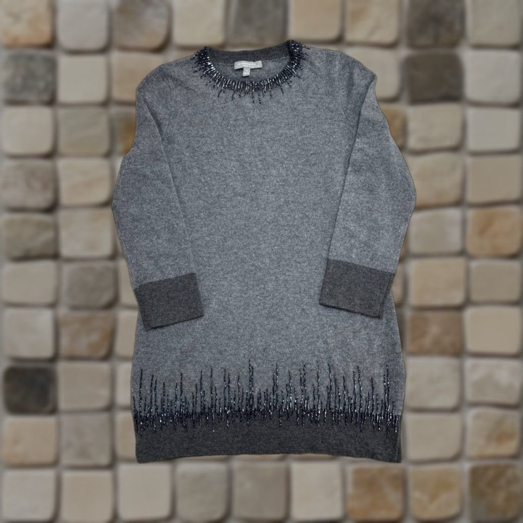 Neiman Marcus Neiman Marcus Sweater Dress Shirt Womens Medium Gray Cashmere Ribbed Trim Crew Neck Regular Knit Short Dress/Gray Modern Womens Size M / US 6-8 / IT 42-44 - 1 Thumbnail