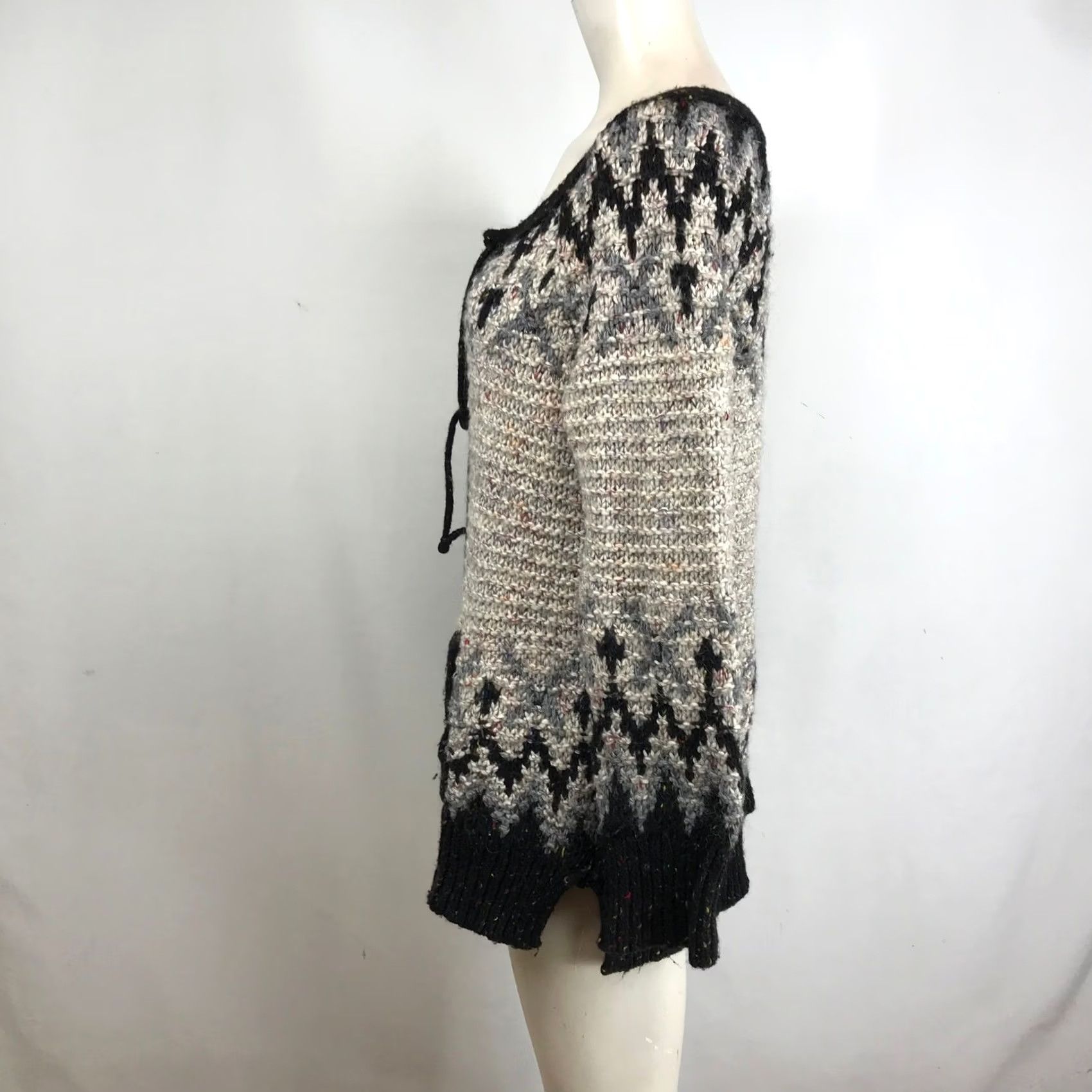 Free People Free People Fair Isle Lace-Up Chunky Knit Sweater Womens M Black Grey Cream Multicolor Casual Winter Sweater Size M / US 6-8 / IT 42-44 - 6 Thumbnail