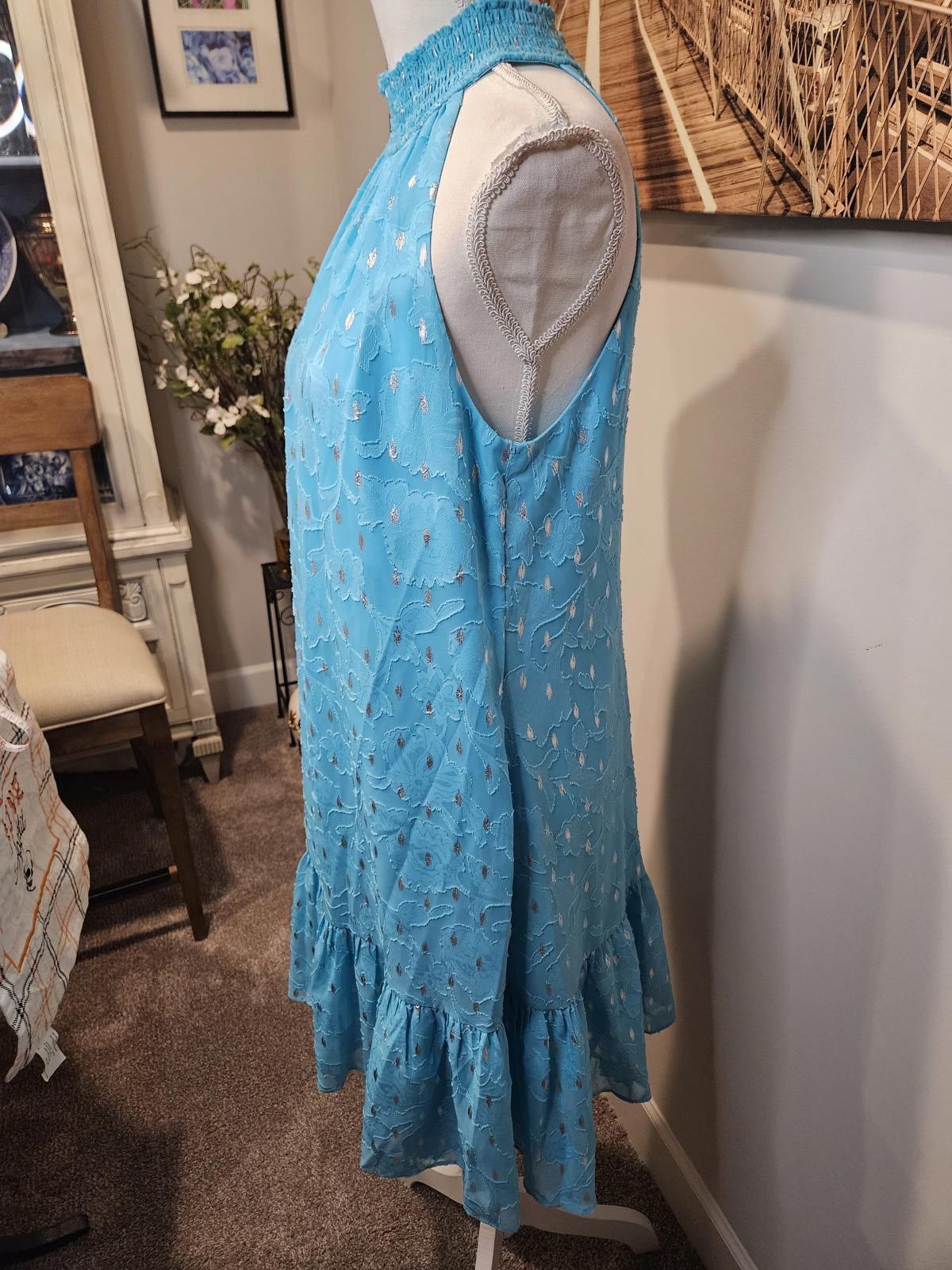 Designer Kensie Teal & Silver Halter Neck Dress with Flared Hem #245 Size M / US 6-8 / IT 42-44 - 2 Thumbnail