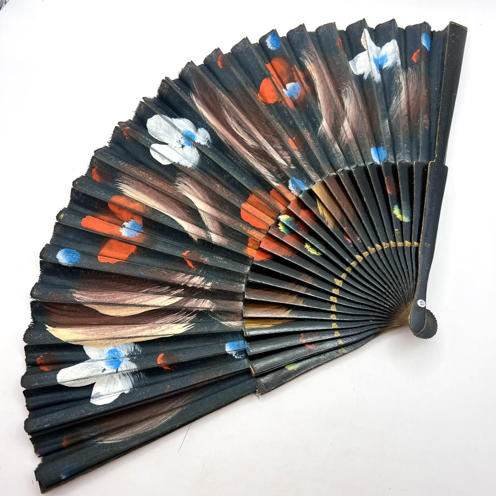Vintage Vintage Asian Folding Hand Fan Hand Painted Flower Wooden Size ONE SIZE - 1 Thumbnail