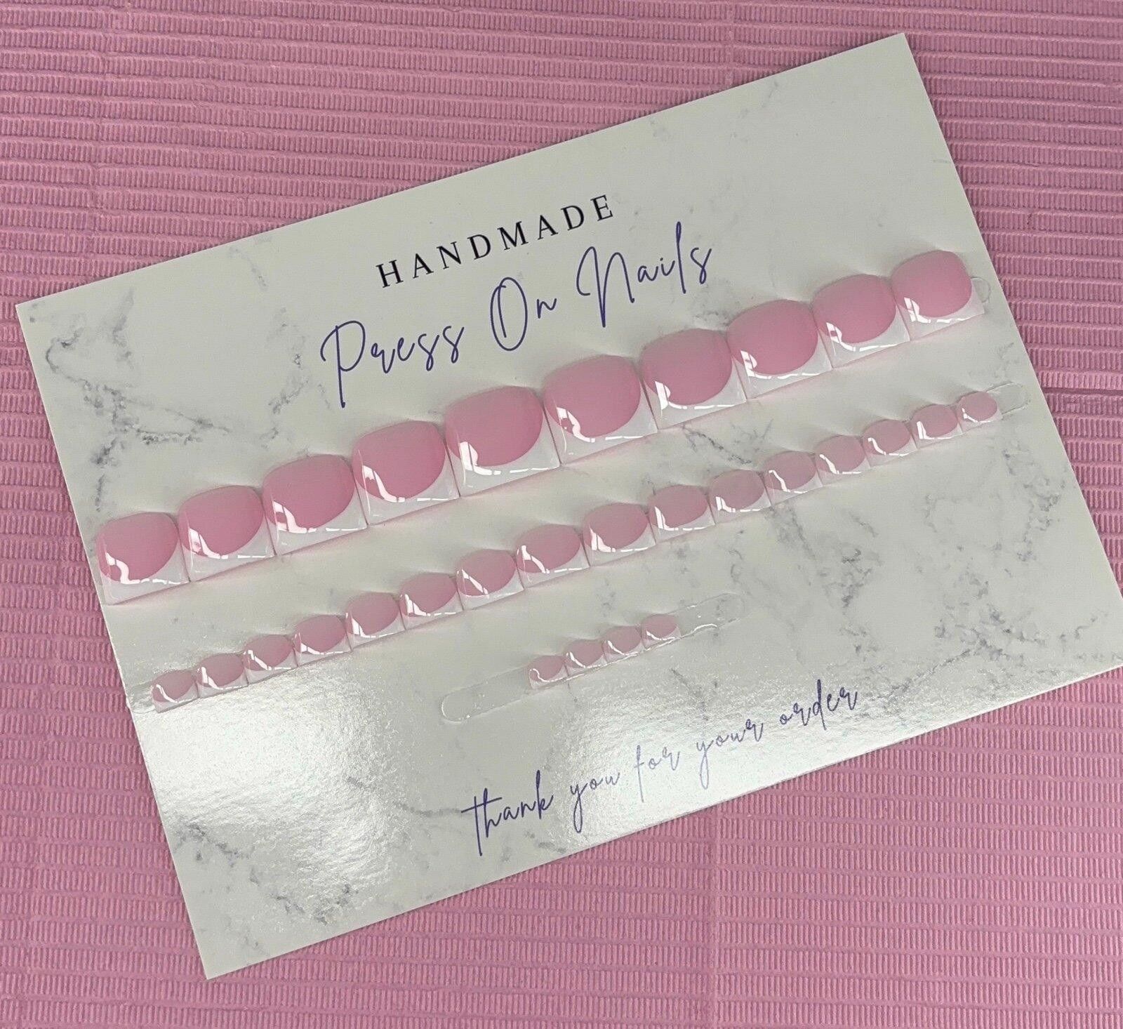 Handmade press on toenails pink nude white French tips handmade gel Size ONE SIZE - 1 Thumbnail