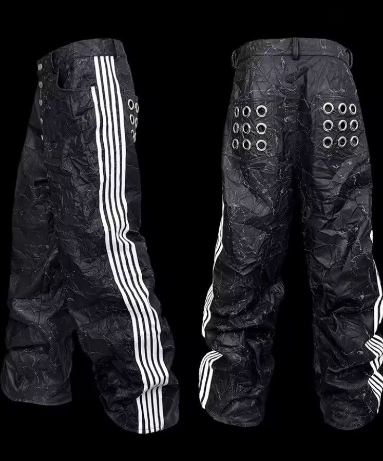 Japanese Brand Y2K Distressed PU Leather Track Pants -Baggy Stripe Wide Leg Size US 30 / EU 46 - 7 Thumbnail