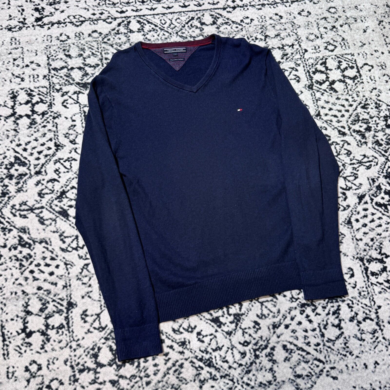 Tommy Hilfiger × Vintage Vintage Tommy Hilfiger Navy Blue Cotton Crewneck Size L Size US L / EU 52-54 / 3 - 3 Thumbnail
