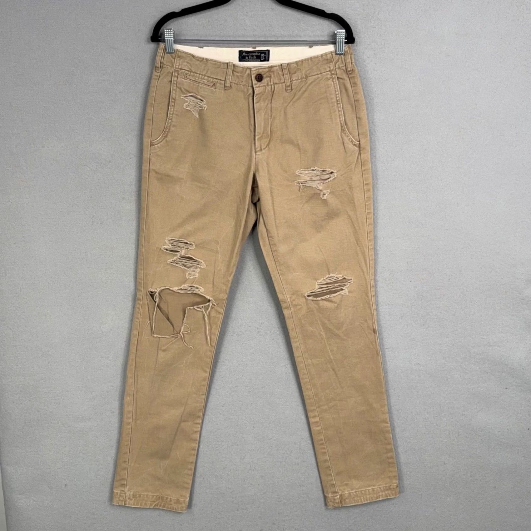 Abercrombie & Fitch Abercrombie & Fitch Chino Pants Men 30x32 Khaki Solid Distressed Athletic Slim Size US 30 / EU 46 - 2 Thumbnail