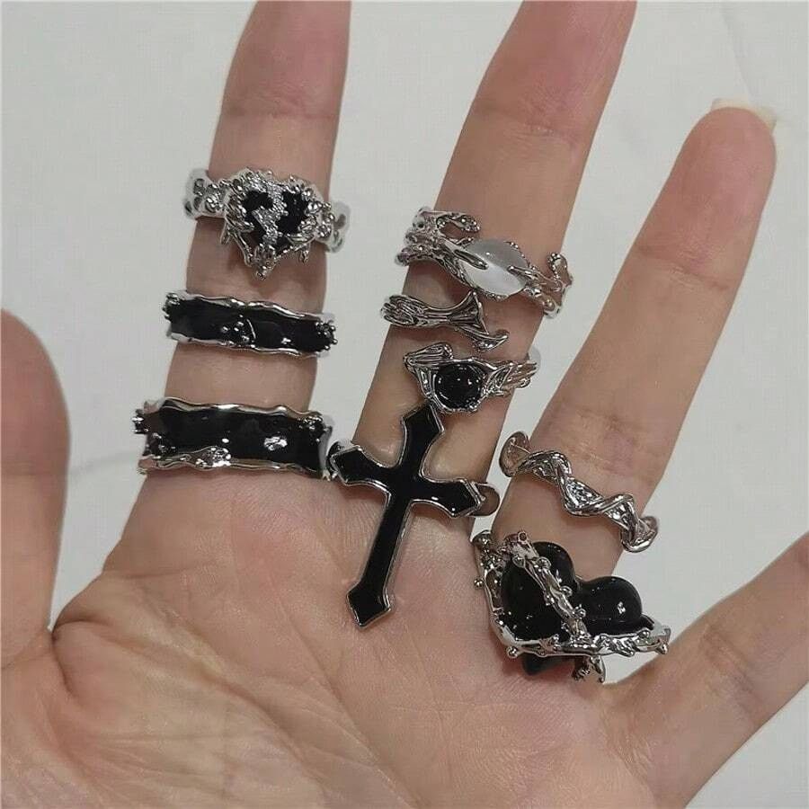 Other 8x Goth Emo Punk Rave One Size Adjustable Ring Set Size ONE SIZE - 3 Thumbnail