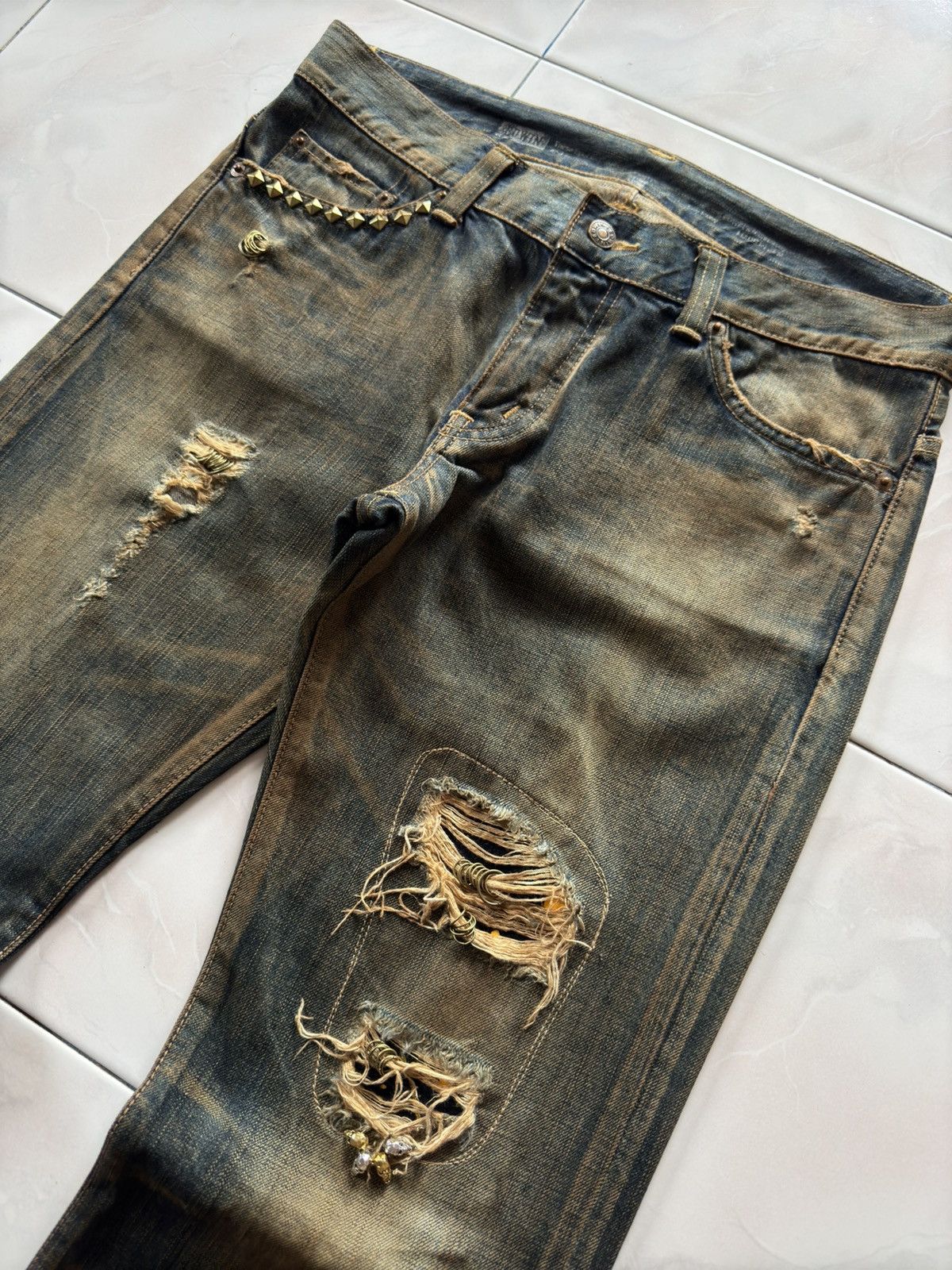 If Six Was Nine Rare Edwin 535 Pierced & Studs Heavy Mud Wash Flared Jeans Size US 32 / EU 48 - 4 Thumbnail
