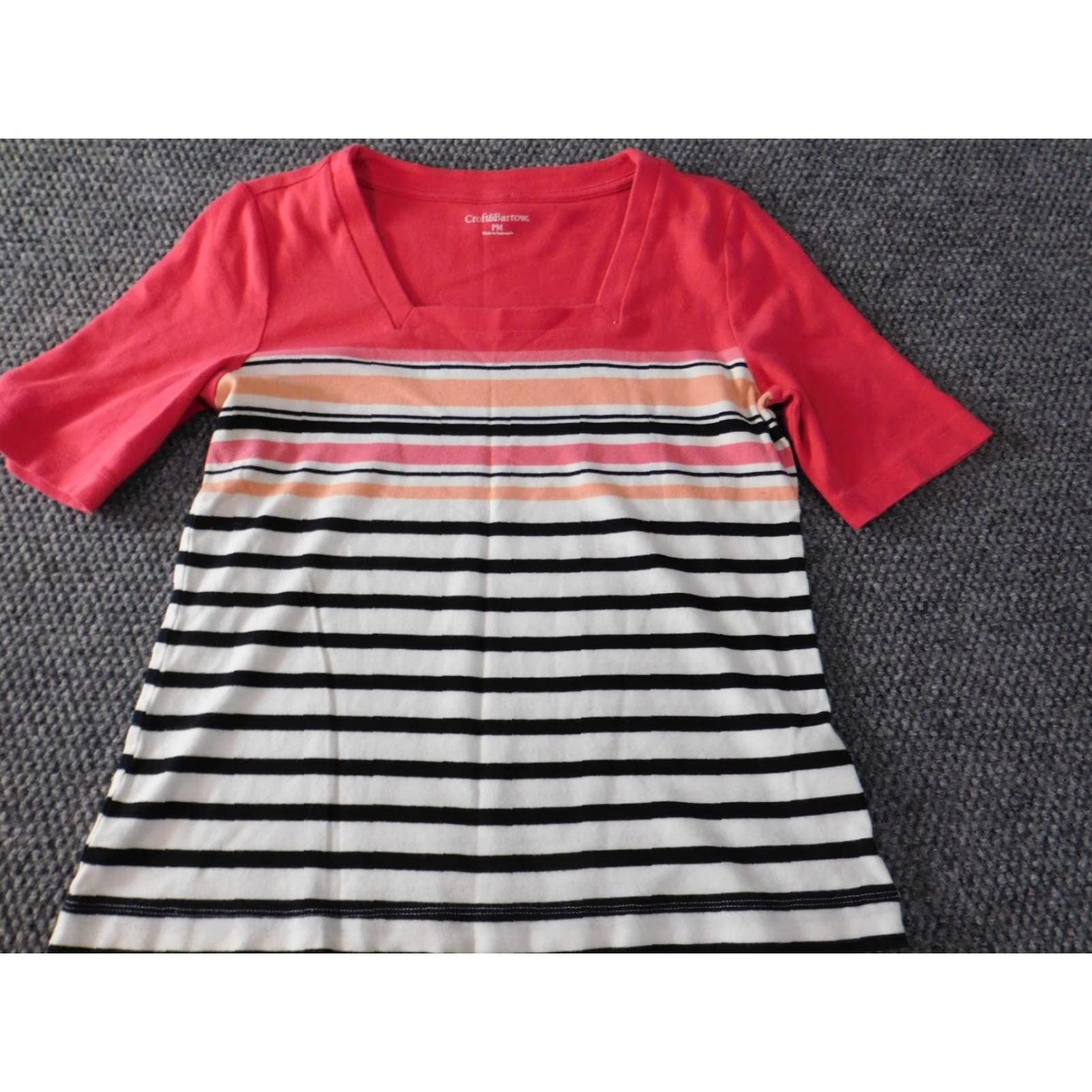 Croft & Barrow Croft & Barrow Womens Blouse PM Petites White Striped Pullover Crew Neck Short Sleeve Button Cotton Rayon Classic Casual Womens Size M / US 6-8 / IT 42-44 - 2 Thumbnail