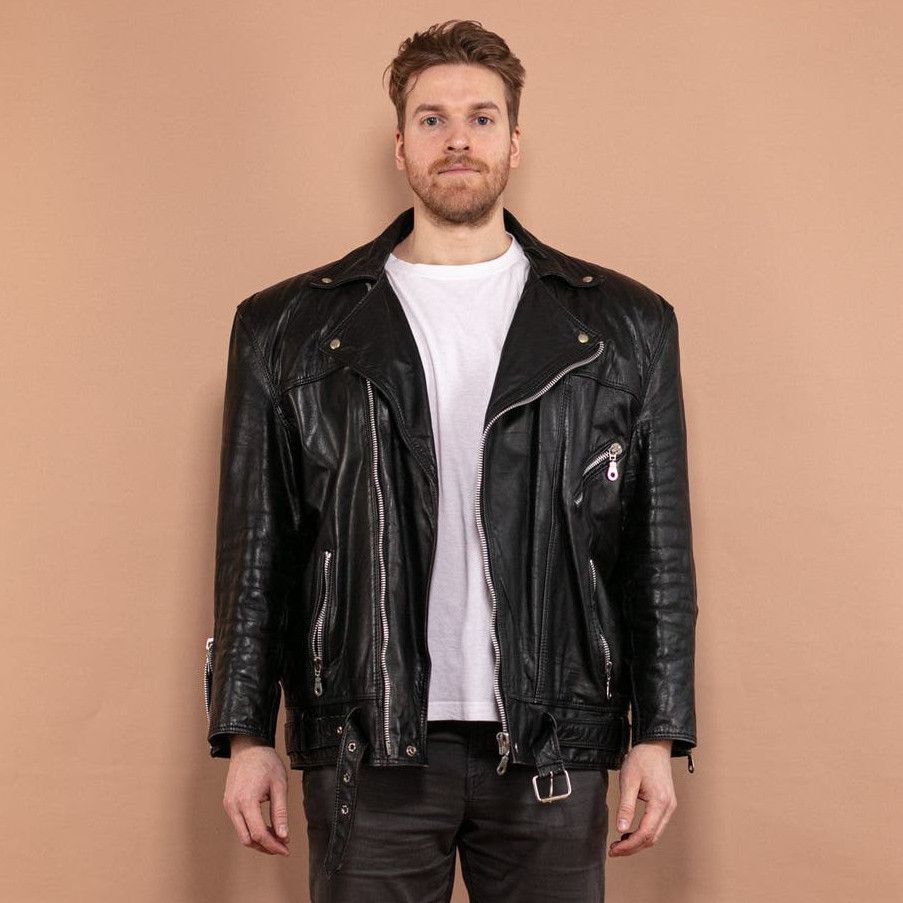 image of Vintage 90's Men Biker Leather Jacket In Black (Size Large)