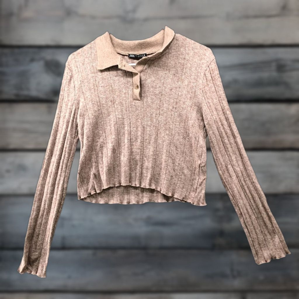 Zara Zara Lightweight Polo Sweater Womens L Light Brown Collared Ribbed Soft Knit Pullover Casual Fall Winter Women's L Brown Lightweight Polo Sweater Zara Size L / US 10 / IT 46 - 1 Thumbnail