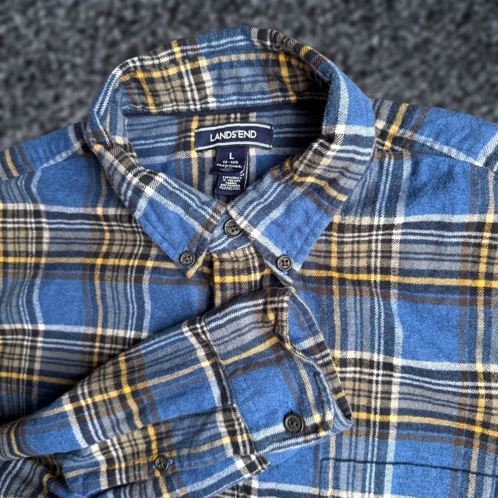 Lands' End Lands' End Flannel Shirt Mens L Plaid Blue Yellow Button-Down Collar Long Sleeve Cotton Thick Size US L / EU 52-54 / 3 - 1 Thumbnail