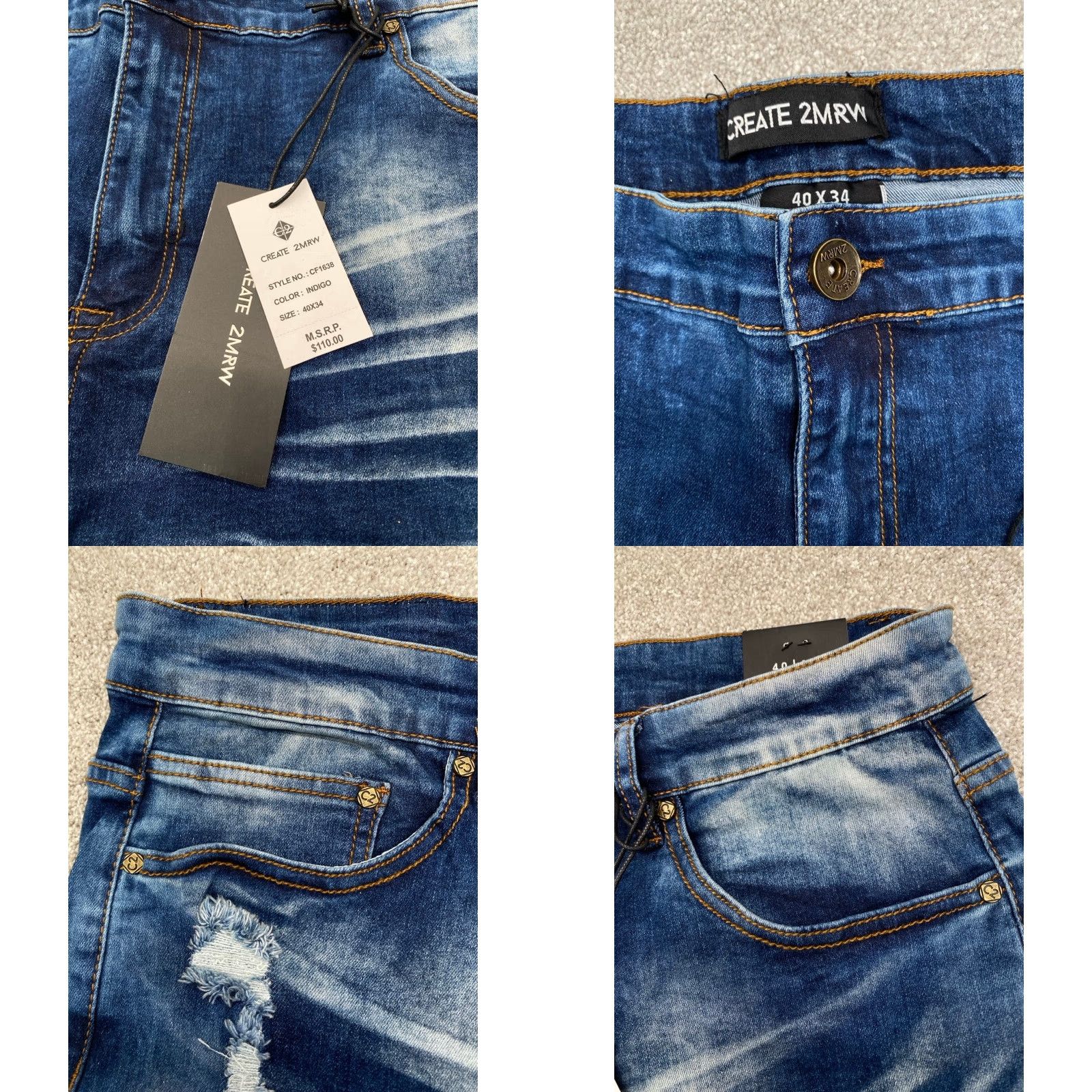 Denime NWT Create 2MRW Mens Denim Jeans 40x34 Distressed Straight Leg 5-Pocket Regular Blue Size US 40 / EU 56 - 8 Thumbnail