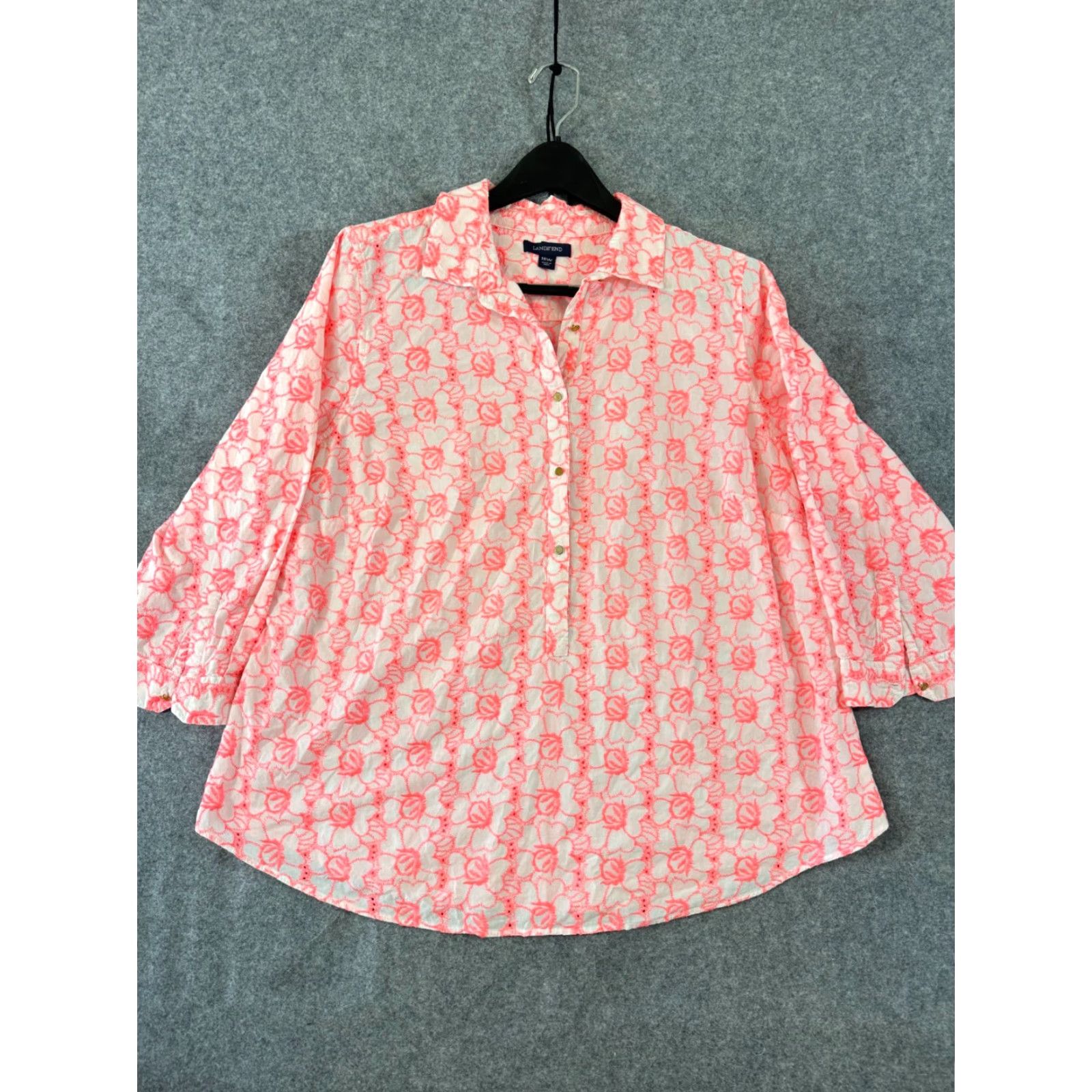 Lands' End Lands' End Shirt Top Womens 18W Hot Pink Floral Embroidered Boho 3/4 Sleeve Collared Shirt Size XXL / US 16-18 / IT 52-54 - 3 Thumbnail