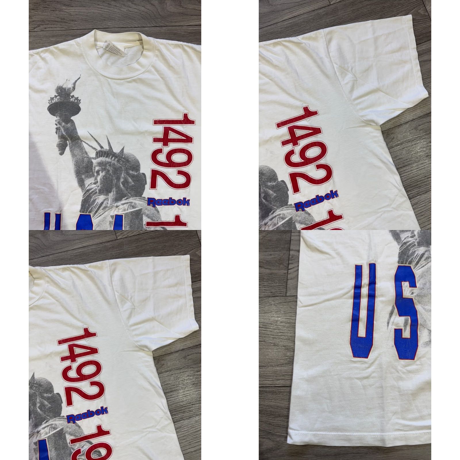 Reebok VINTAGE Reebok White Cotton Tee T-Shirt XL Men Shirt 1992 Statue Of Liberty USA 1492 1992 Mens White Cotton Tee Size US XL / EU 56 / 4 - 8 Thumbnail