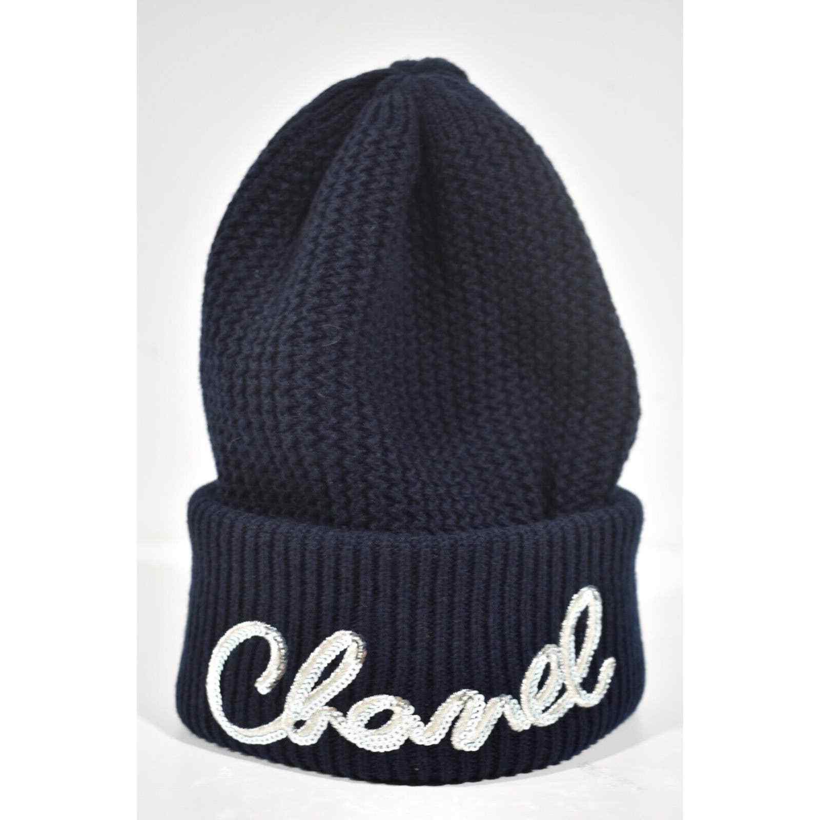 Chanel Cashmere Navy Blue Silver Sequin Beanie Winter Hat
