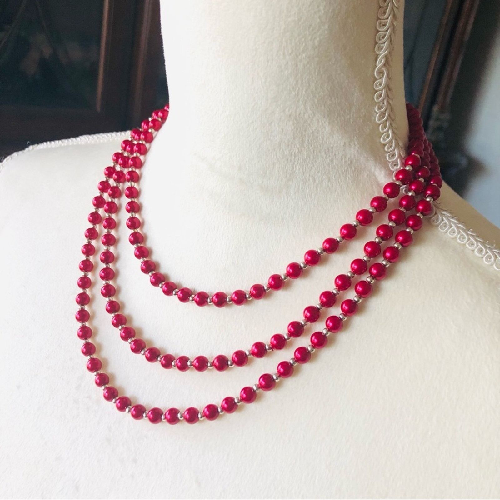 Handmade Handcrafted triple strand red Pearl genuine ruby cneckla Size ONE SIZE - 8 Thumbnail