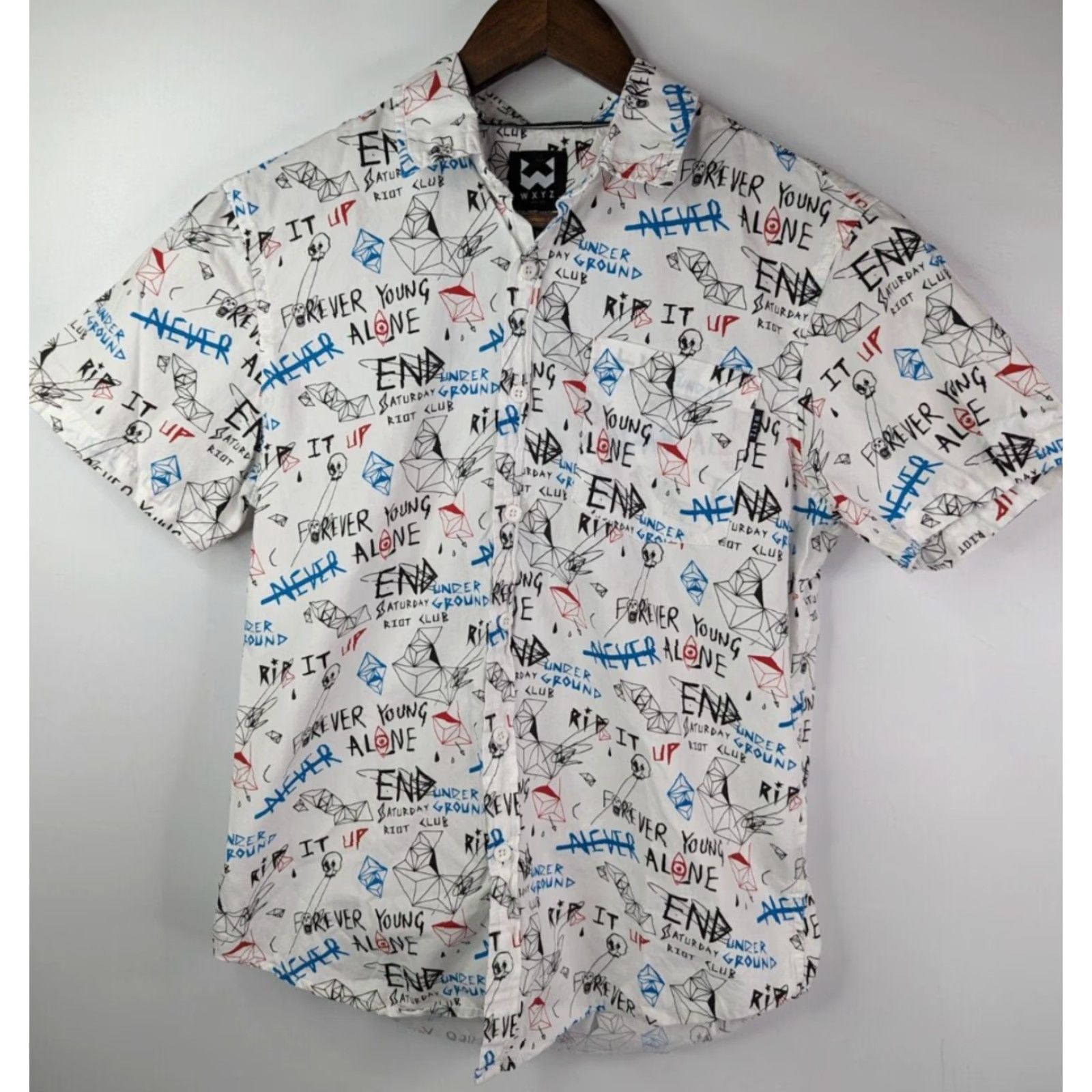 Forever 21 WXYZ Forever Young Print Button Up Short Sleeve Men’s Small 100% Cotton White Shirt Size US 29 - 2 Thumbnail