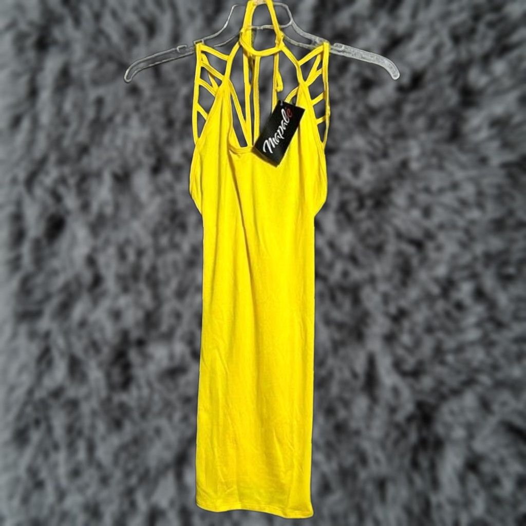 Vintage Mapale Dress Women XL Yellow Mini Halter Bodycon Clubwear Y2K Rave Festival Sexy Resort Bold Size XL / US 12-14 / IT 48-50 - 1 Thumbnail