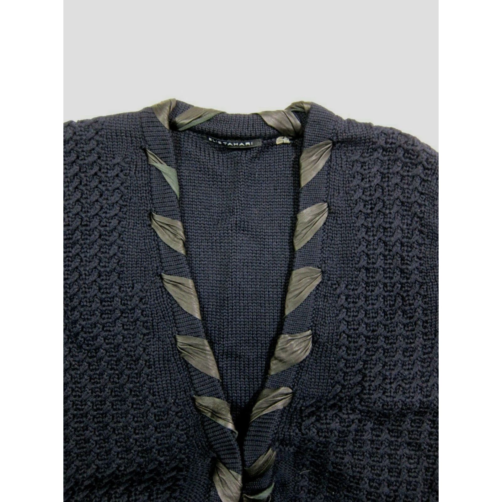 Elie Tahari VINTAGE Elie Tahari Cardigan Navy Blue 100% Wool Knit Women Large Open Neck Leather Trim Cardigan Sweater Size L / US 10 / IT 46 - 4 Thumbnail