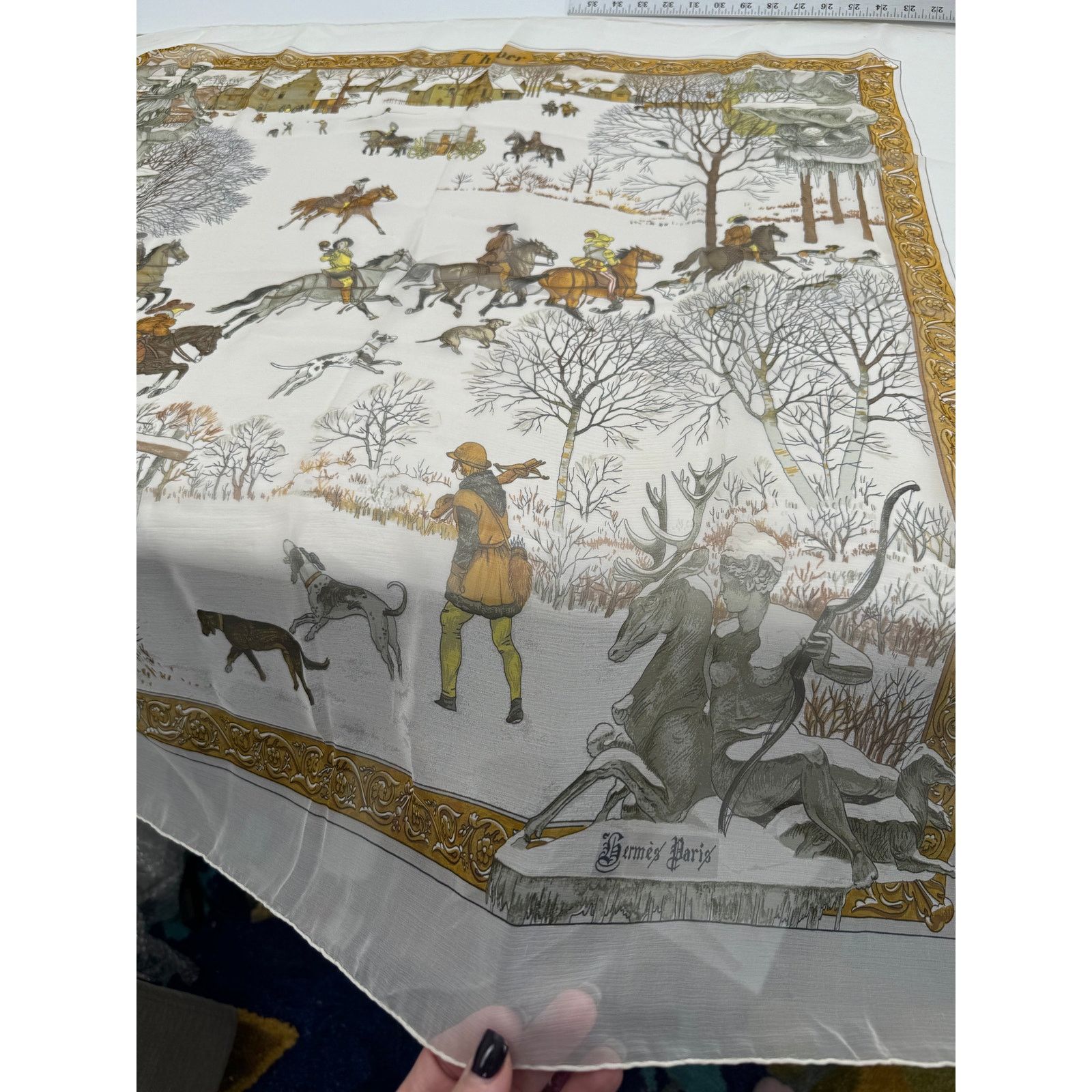 Hermes Hermes Rare Mirrored Image Hunt Scene Sheer Large Cape Shaw Size ONE SIZE - 22 Thumbnail