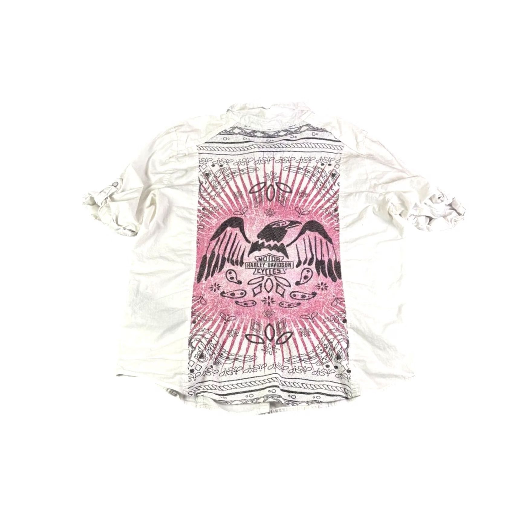 Harley Davidson Harley-Davidson Womens XL White Eagle Graphic Button Up Shirt Paisley Pocket Short Sleeve Size XL / US 12-14 / IT 48-50 - 2 Thumbnail