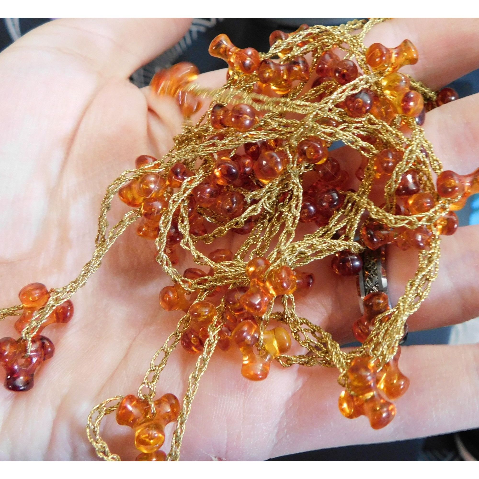 Handmade Vintage Handmade Woven Gold Tone Necklace With Tri-Bead Acce Size ONE SIZE - 2 Thumbnail