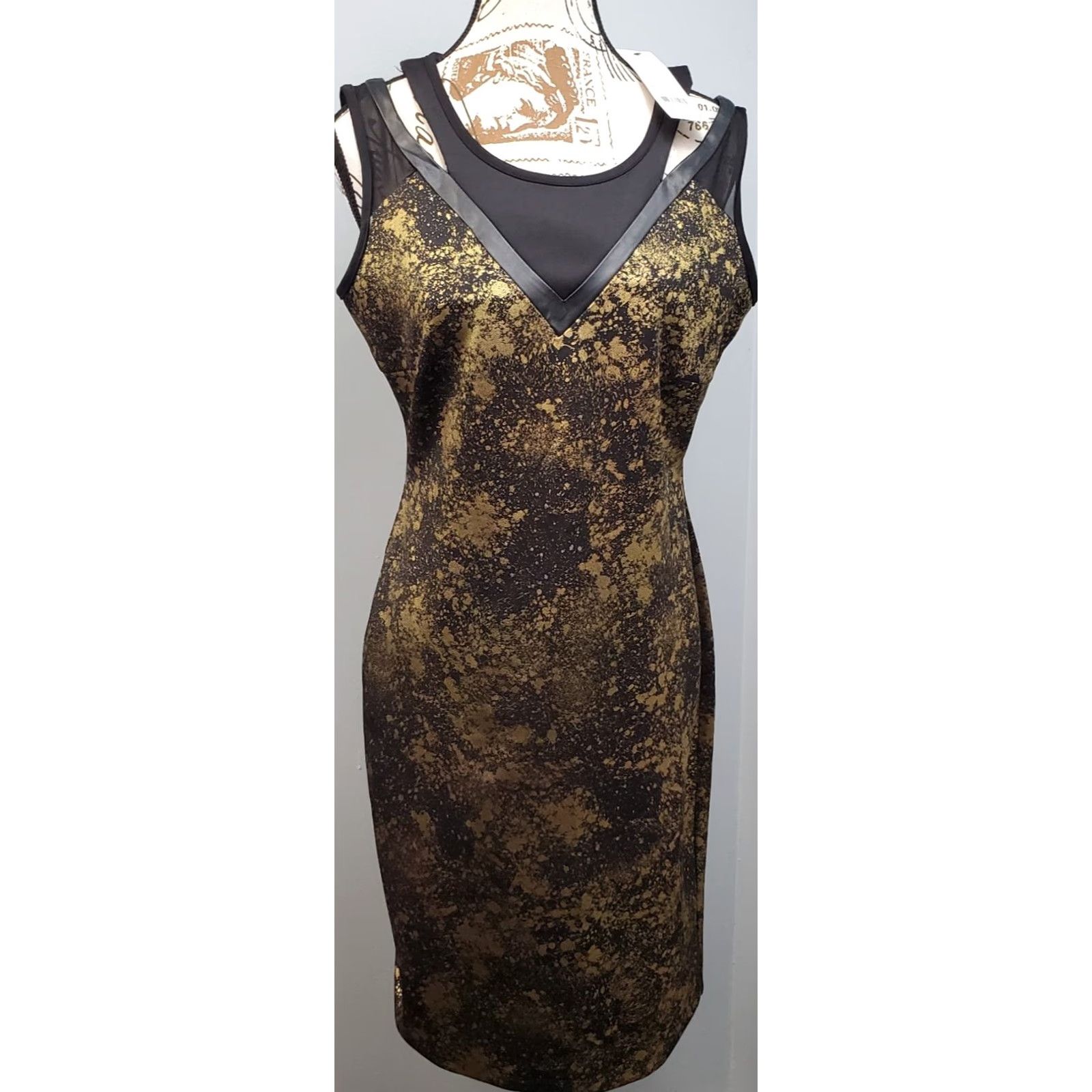 Vintage NY Collection Womens Sheath Dress Midi Black Gold Foiled Faux Leather Trim Back Zip Sleeveless S Size S / US 4 / IT 40 - 2 Thumbnail