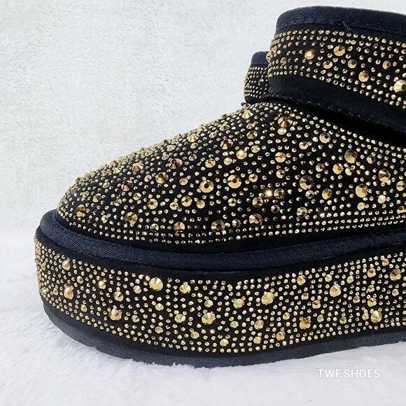 Other Ego Flashy Platform Ankle Boots Black w/ Gold Rhinestones Size US 8 / IT 38 - 6 Thumbnail