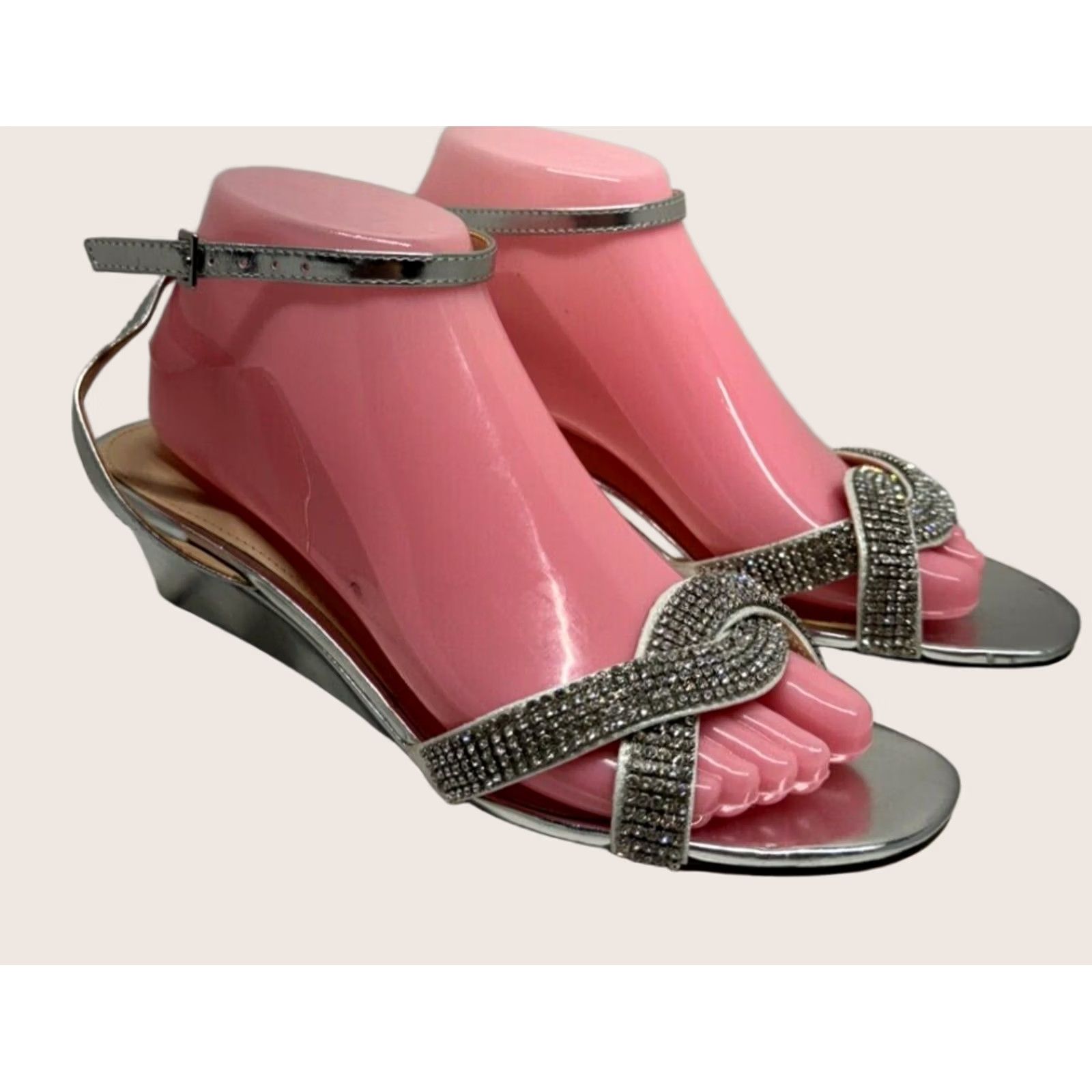 Vintage Nina New York Womens Silver Wedge Rhinestone Ankle Strap Open Toe Heels 8M 38 - USA Size 6 Size US 6 / IT 36 - 1 Thumbnail