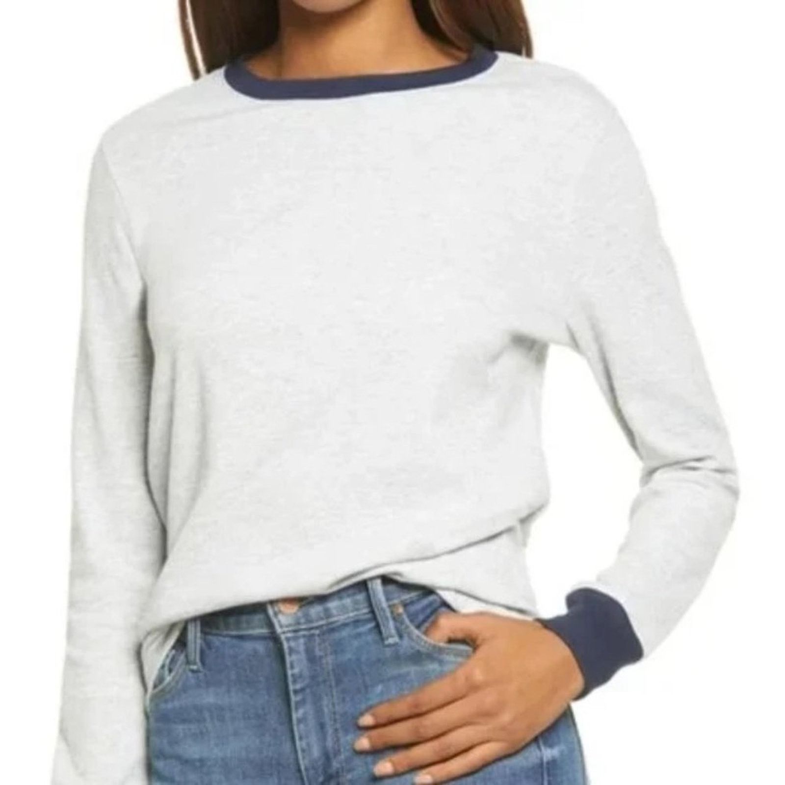 Treasure & Bond TREASURE & BOND Grey Heather-Navy Crew Neck Trim Thermal Top Size XL / US 12-14 / IT 48-50 - 1 Thumbnail