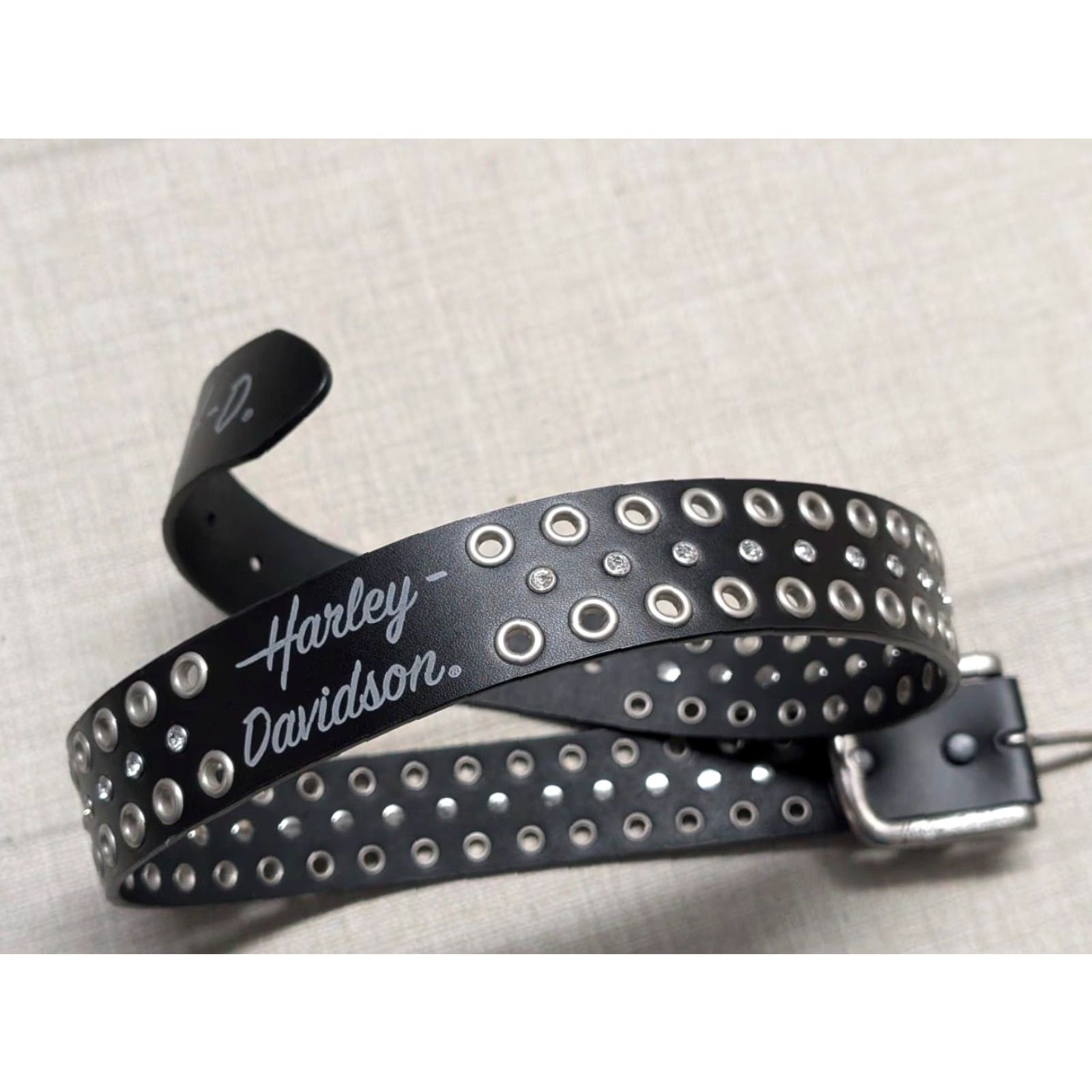 Harley Davidson Harley-Davidson belt buckle Studded black leather 32 rhinestone Y2K motorcycle Belt Unisex Adults Adult 32 Black Studded 90s Size 32 - 3 Thumbnail