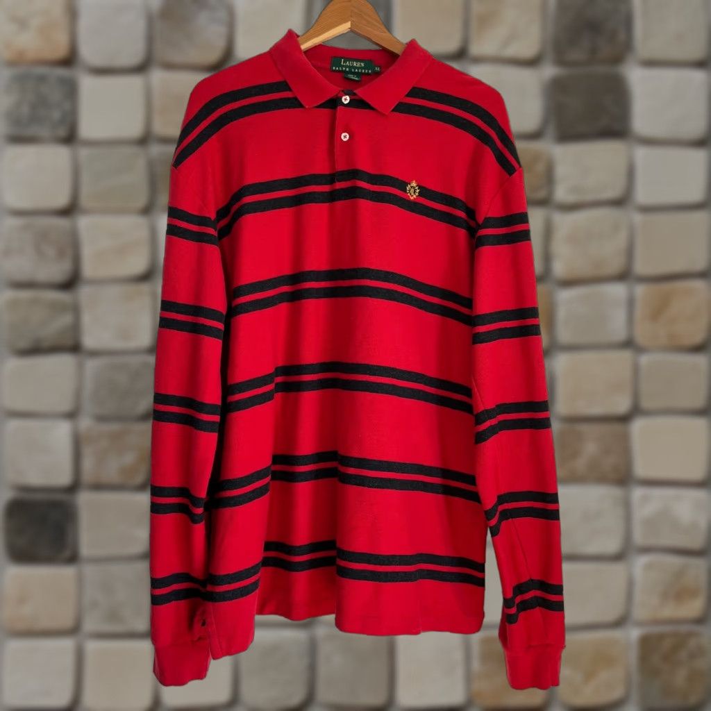 Vintage VINTAGE Lauren Ralph Lauren Men's Long Sleeve Polo Rugby Shirt Red XL Striped 100% Cotton, 90s Classic Mens Polo Size US XL / EU 56 / 4 - 1 Thumbnail
