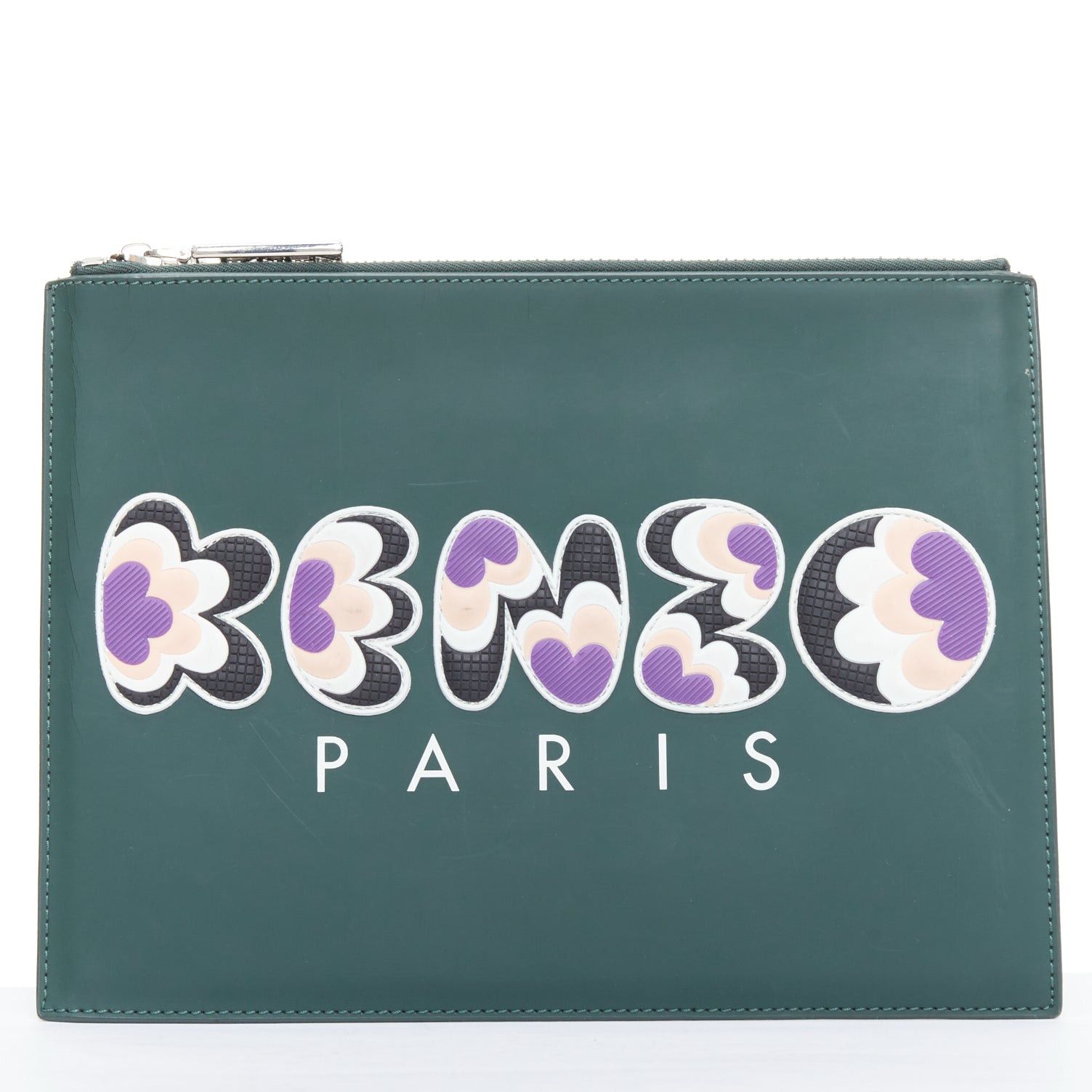 Kenzo KENZO dark green purple debossed rubber logo portfolio zip clutch Size ONE SIZE - 1 Thumbnail