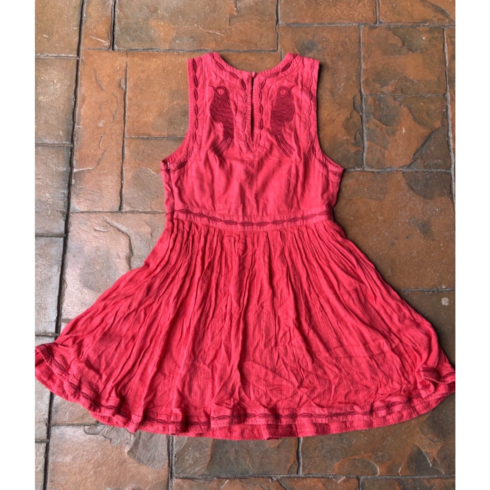 Free People Free People Dress Womens 4 Red Birds of Feather Embroidered Pleated Twirl Boho Dress Size S / US 4 / IT 40 - 3 Thumbnail