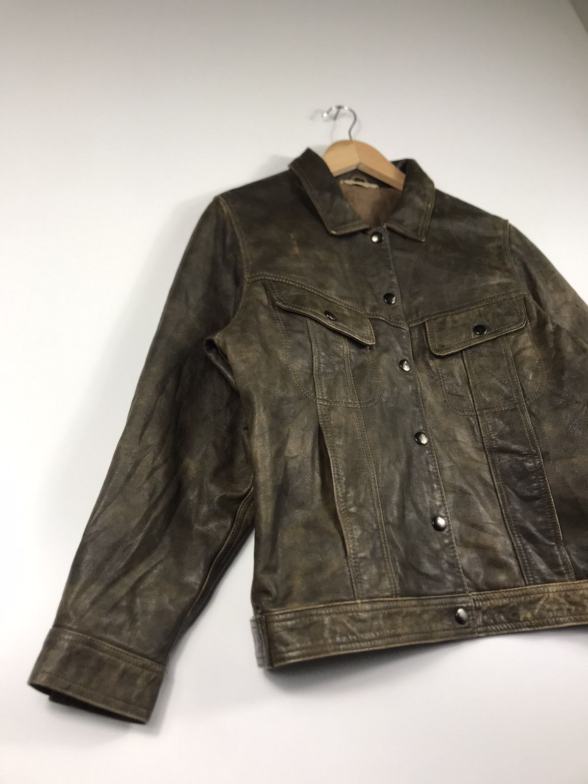 Japanese Brand × Vintage ⚡️Vintage Cross-Way Distressed Faded Leather Trucker Jacket Size XS / US 0-2 / IT 36-38 - 2 Thumbnail