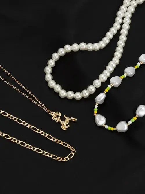 Other Retro Punk Pearl Necklace Chain 4pc Set Size ONE SIZE - 3 Thumbnail