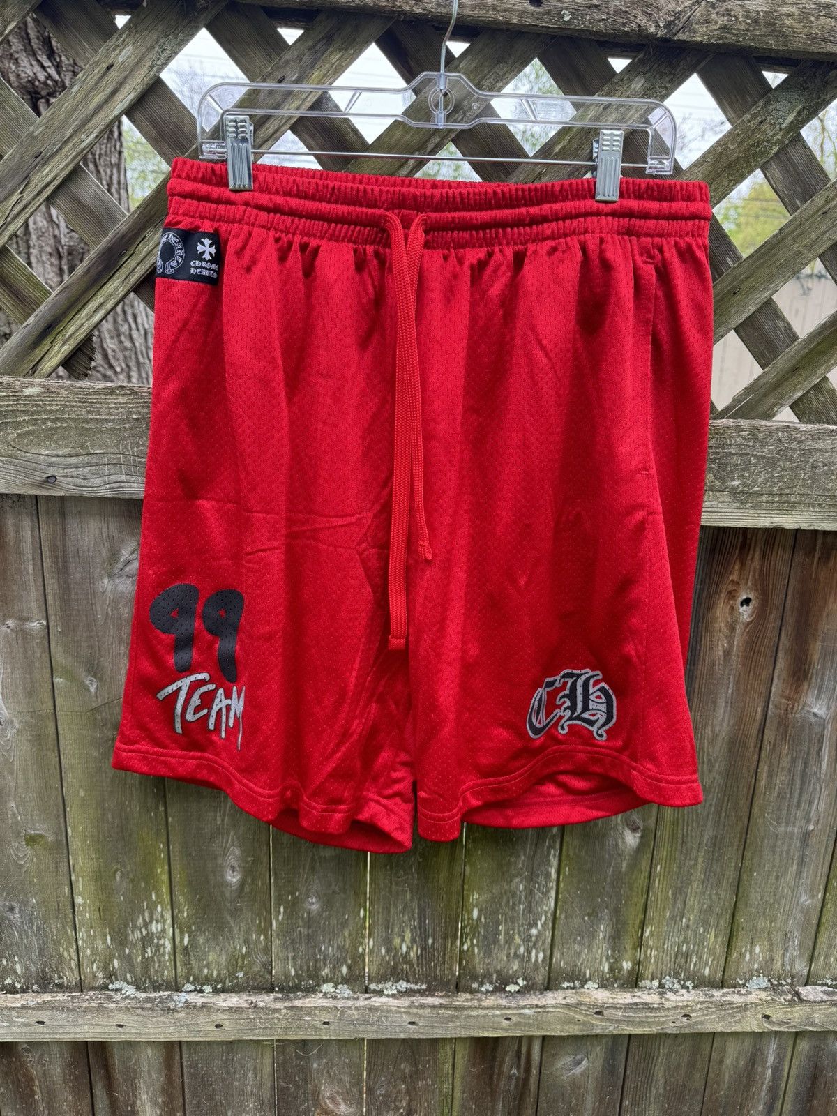 image of Chrome Hearts Red Mesh Varsity Shorts in Black/Red, Men's (Size 34)