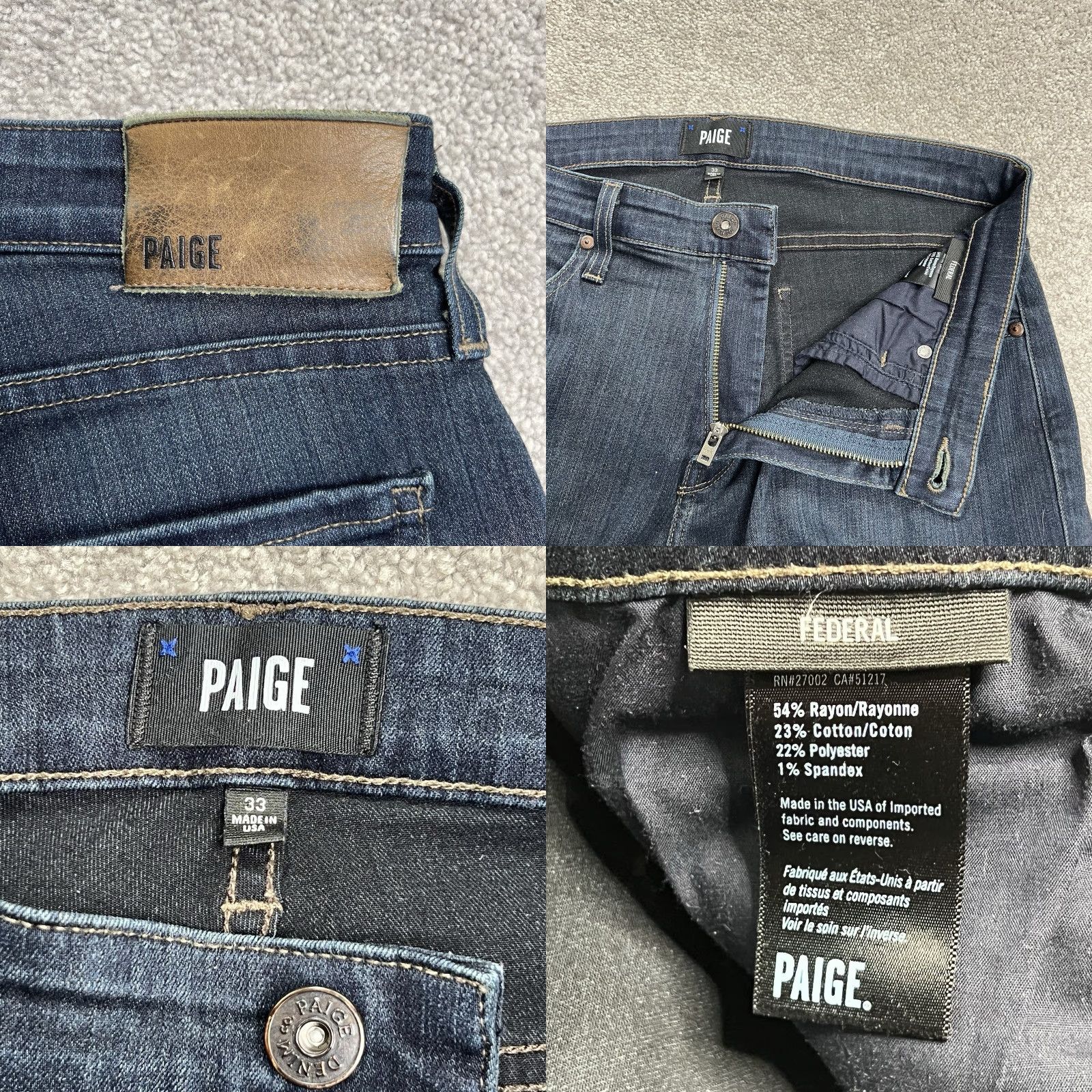 Paige Paige Jeans Men 33 (34x31) Federal Dark Blue Straight Leg Denim Stretch Casual Jeans Regular Mens Blue 90s? Size US 33 - 8 Thumbnail