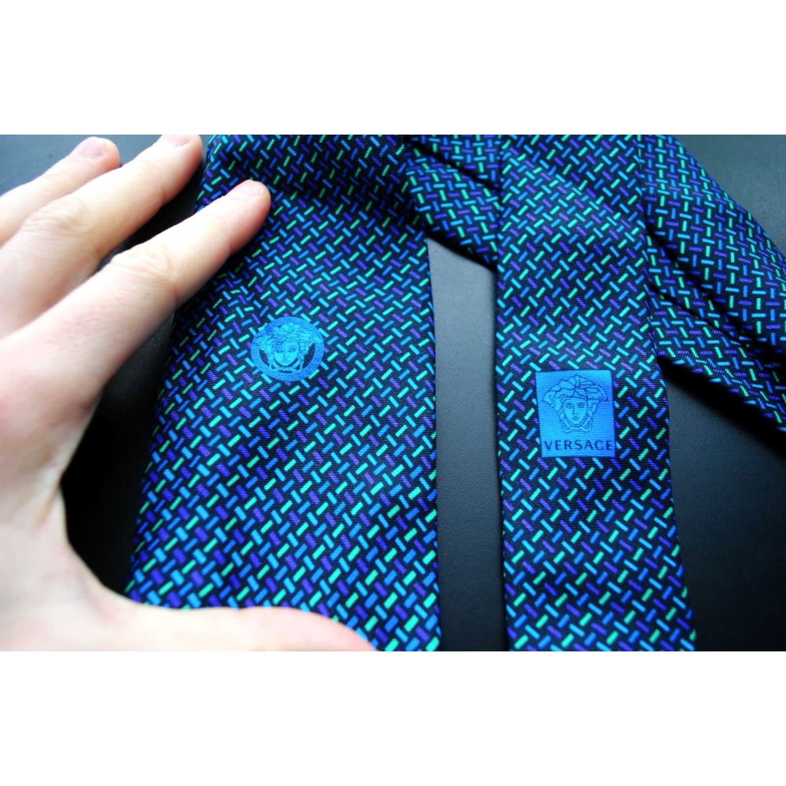 Versace VERSACE TIE Men Geometric Medusa 100% Silk Blue Made in Italy 57 in. Classic Authentic Size ONE SIZE - 3 Thumbnail