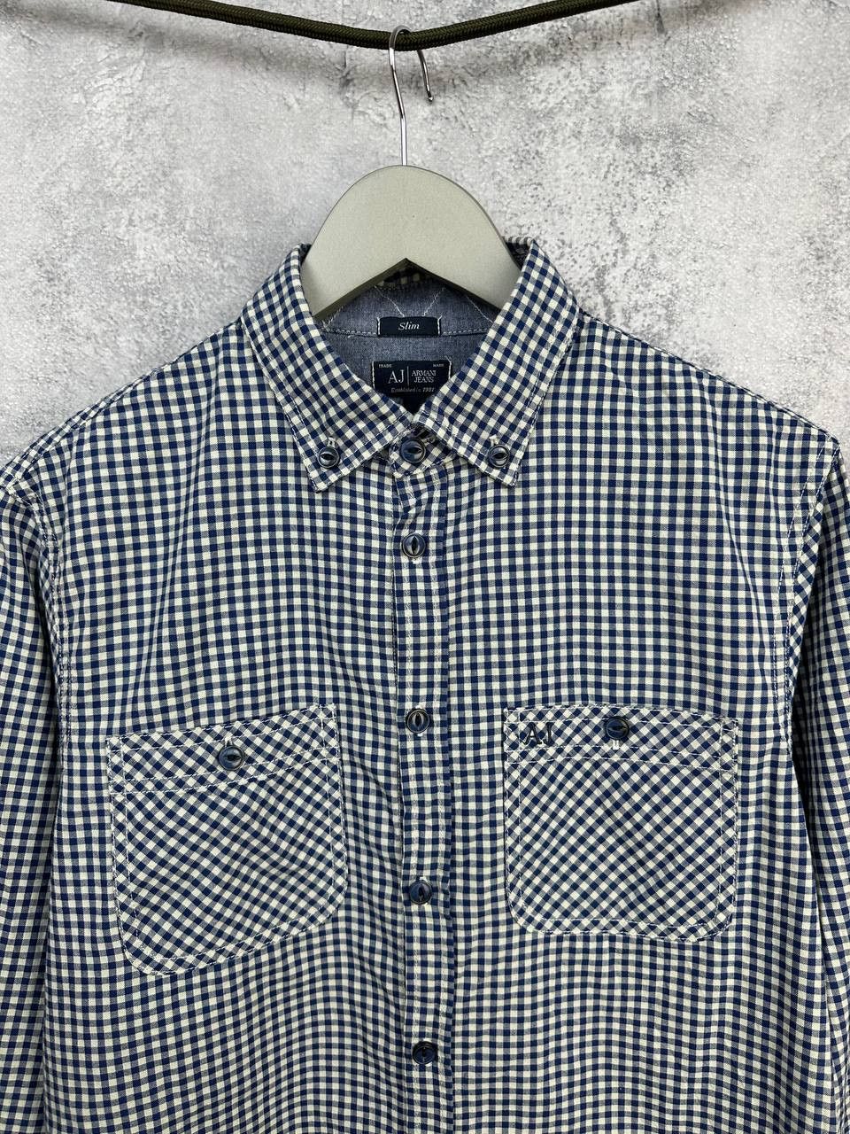 Armani Armani Jeans Micro Check Button Up Shirt Blue/White Pockets Size US M / EU 48-50 / 2 - 4 Thumbnail