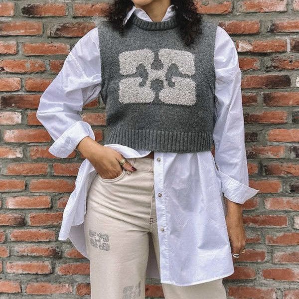 Ganni Ganni Gray Sleeveless Cropped Knit Top with Logo Pattern Size S / US 4 / IT 40 - 4 Thumbnail