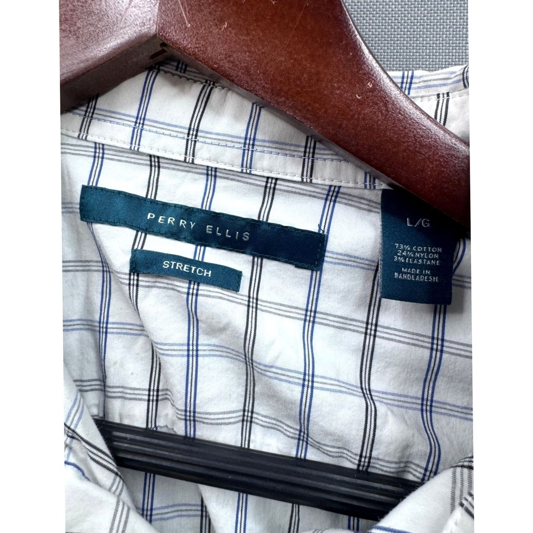 Perry Ellis Perry Ellis Men's L/G Button-Down Shirt Plaid Stretch Wrinkle Resistant Casual Workwear White Cotton Polyester Blend Long Sleeve Button-Up Size US L / EU 52-54 / 3 - 8 Thumbnail