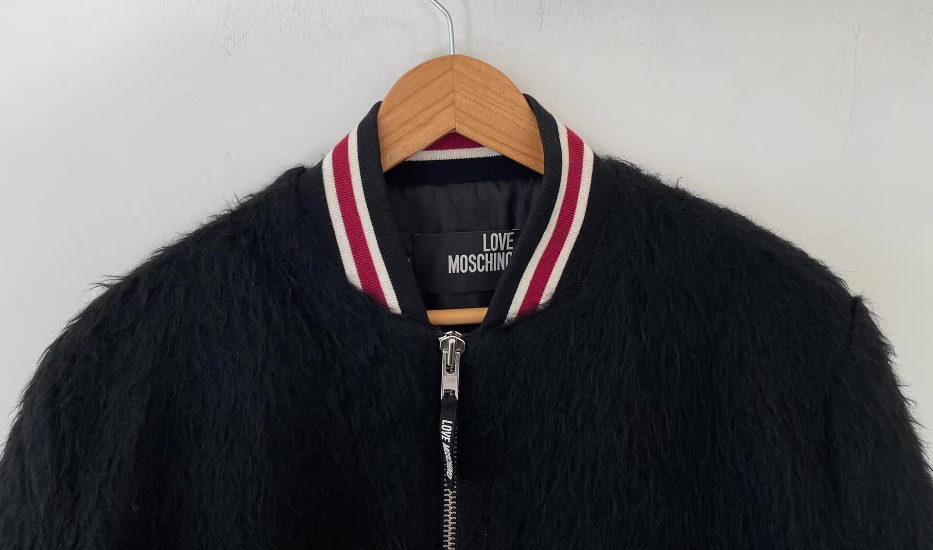 Moschino Black Fuzzy er Jacket with Striped Trim Size US M / EU 48-50 / 2 - 6 Thumbnail