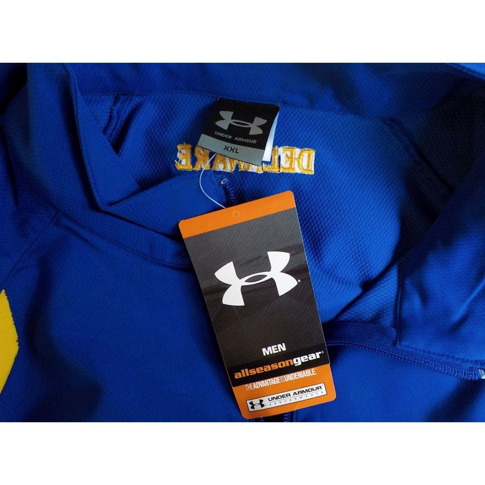 Under Armour UNDER ARMOUR Allseason Jacket Mens 2XL Zip Front Rain Blue Gold NWT Windbreaker Casual Front Zip Pockets UD Chest Back Neck DELAWARE, USA Size US XXL / EU 58 / 5 - 5 Thumbnail