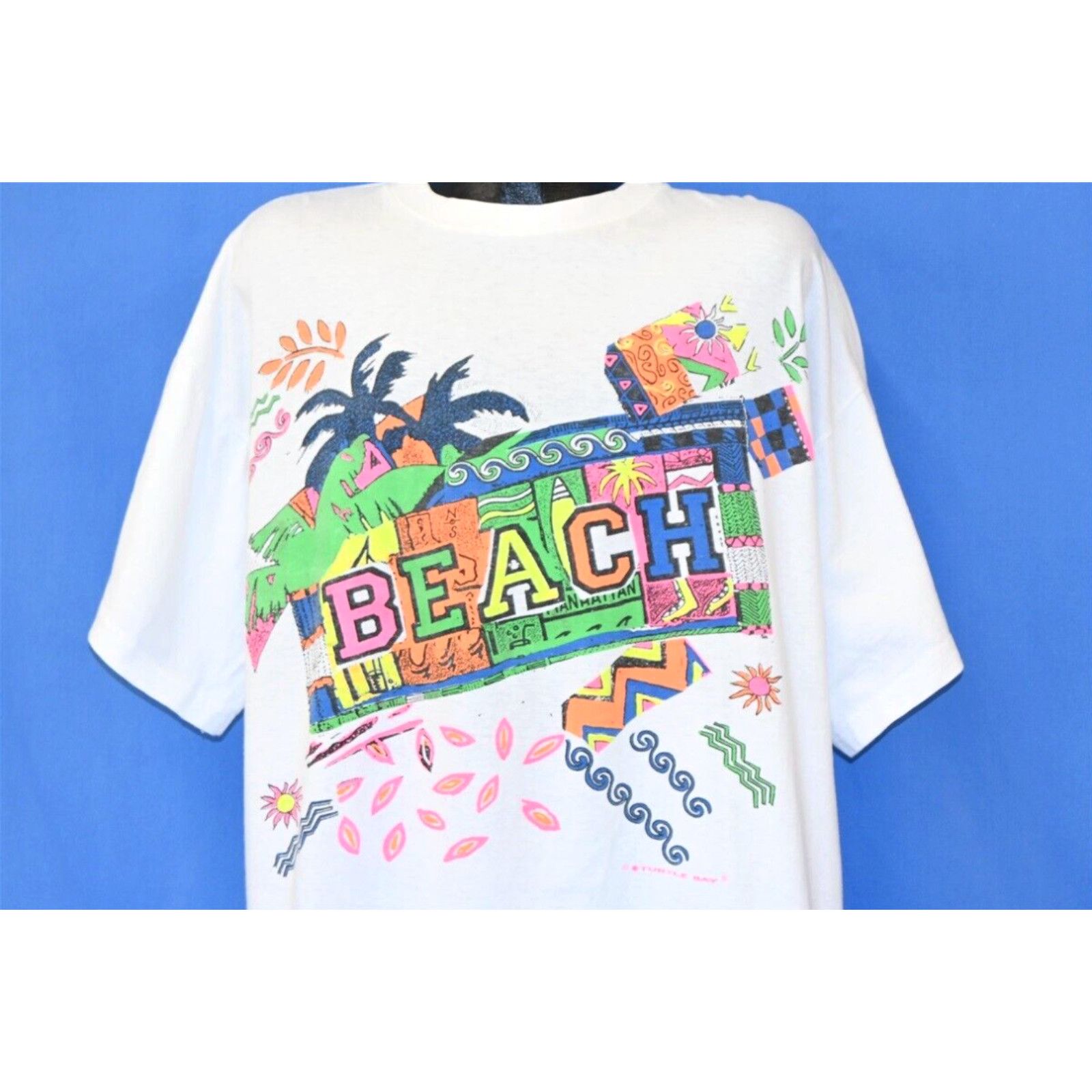 Image of Vintage 80's Manhattan Beach Socal California Neon Palm Tree Pop Art T-Shirt XL in White, Men's