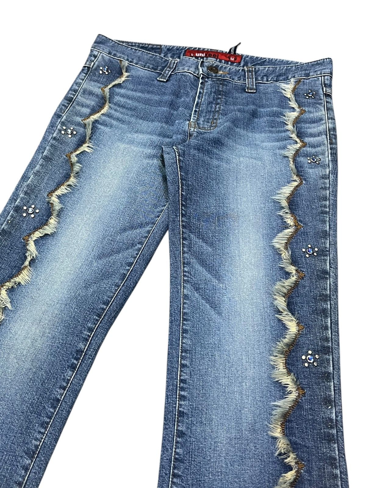 Fragment Design UNIFEEL Gemstones Studded Frayed Stretch Denim Flare Jeans Size 28" / US 6 / IT 42 - 5 Thumbnail