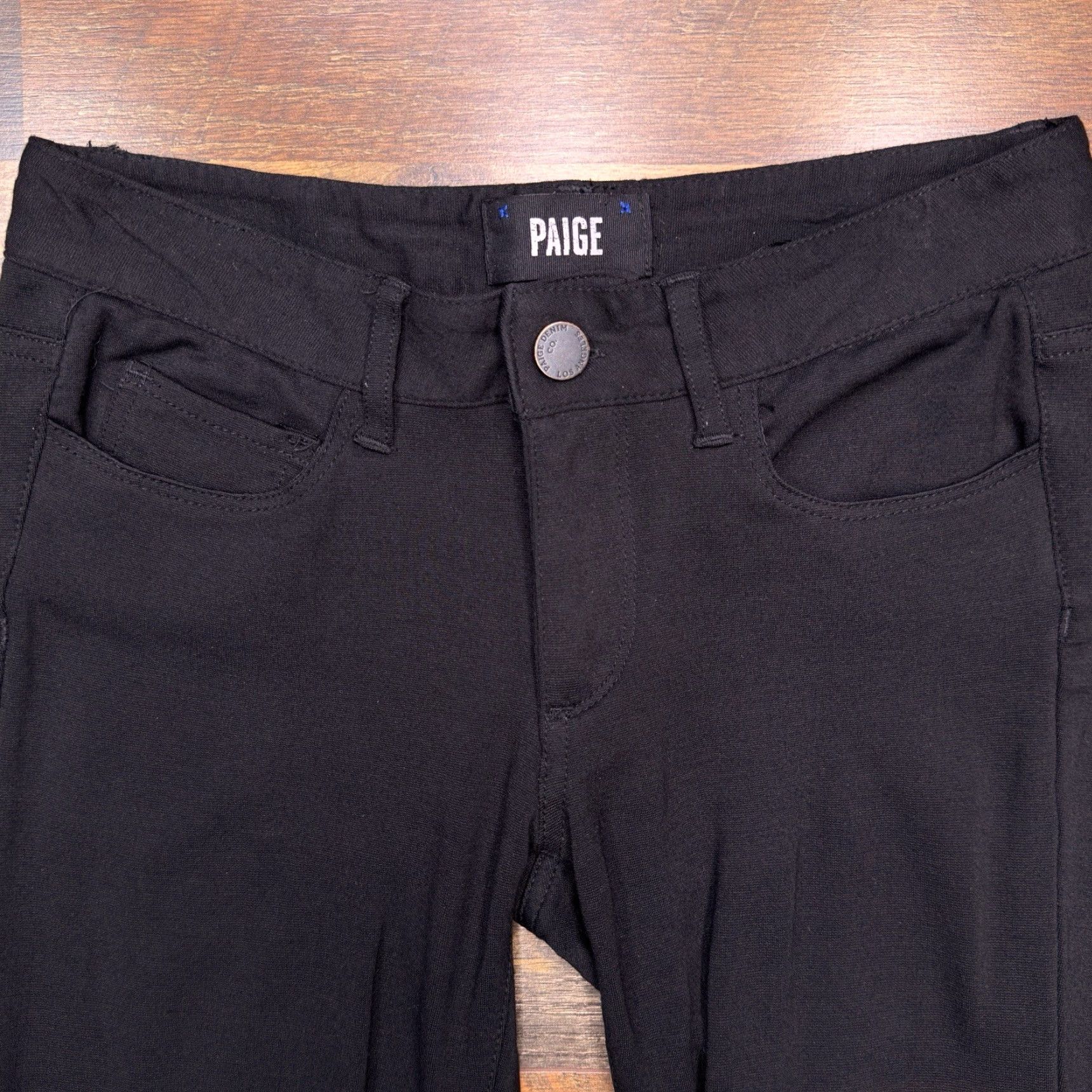 Paige Paige Leggings 23 Black Low Rise Stretch Jegging Slim Women 5-Pocket Dark Fabric Spandex Rayon Nylon Zip Button Inseam 29 in Vintage No Size 40" / US 18 - 3 Thumbnail