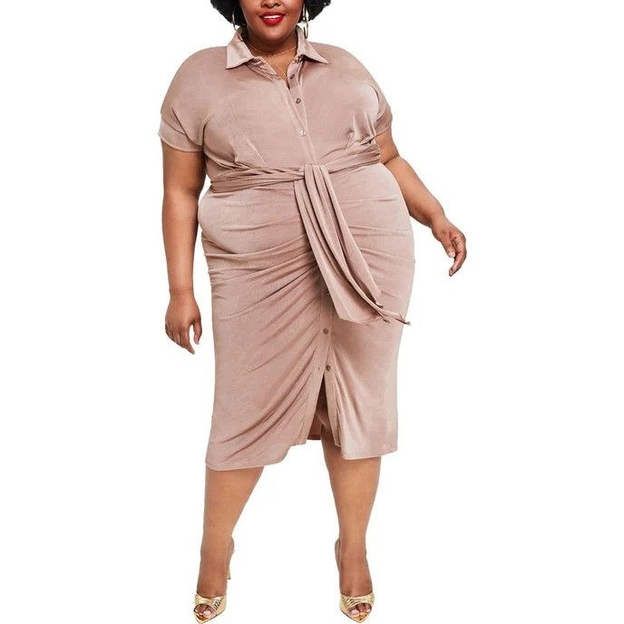 Other Nina Parker Plus Size 2X Trendy Tan Tie-Front Ruched Shirtdr Size XXL / US 16-18 / IT 52-54 - 1 Thumbnail